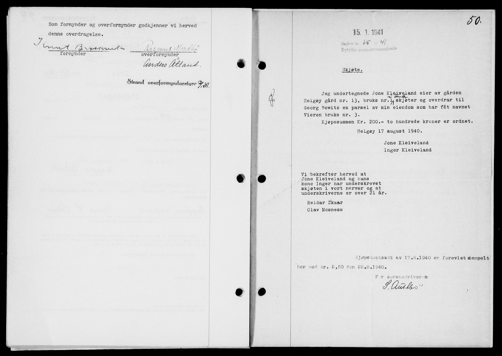 Ryfylke tingrett, SAST/A-100055/001/II/IIB/L0083: Mortgage book no. 62, 1941-1941, Diary no: : 65/1941