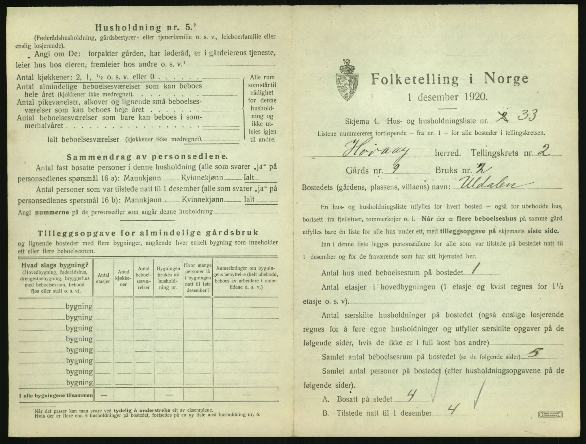 SAK, 1920 census for Høvåg, 1920, p. 156