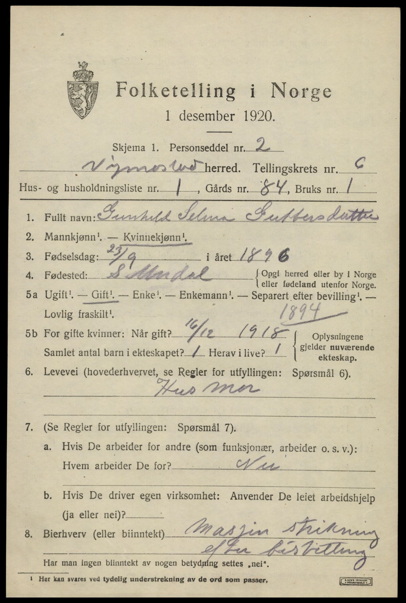 SAK, 1920 census for Vigmostad, 1920, p. 1947