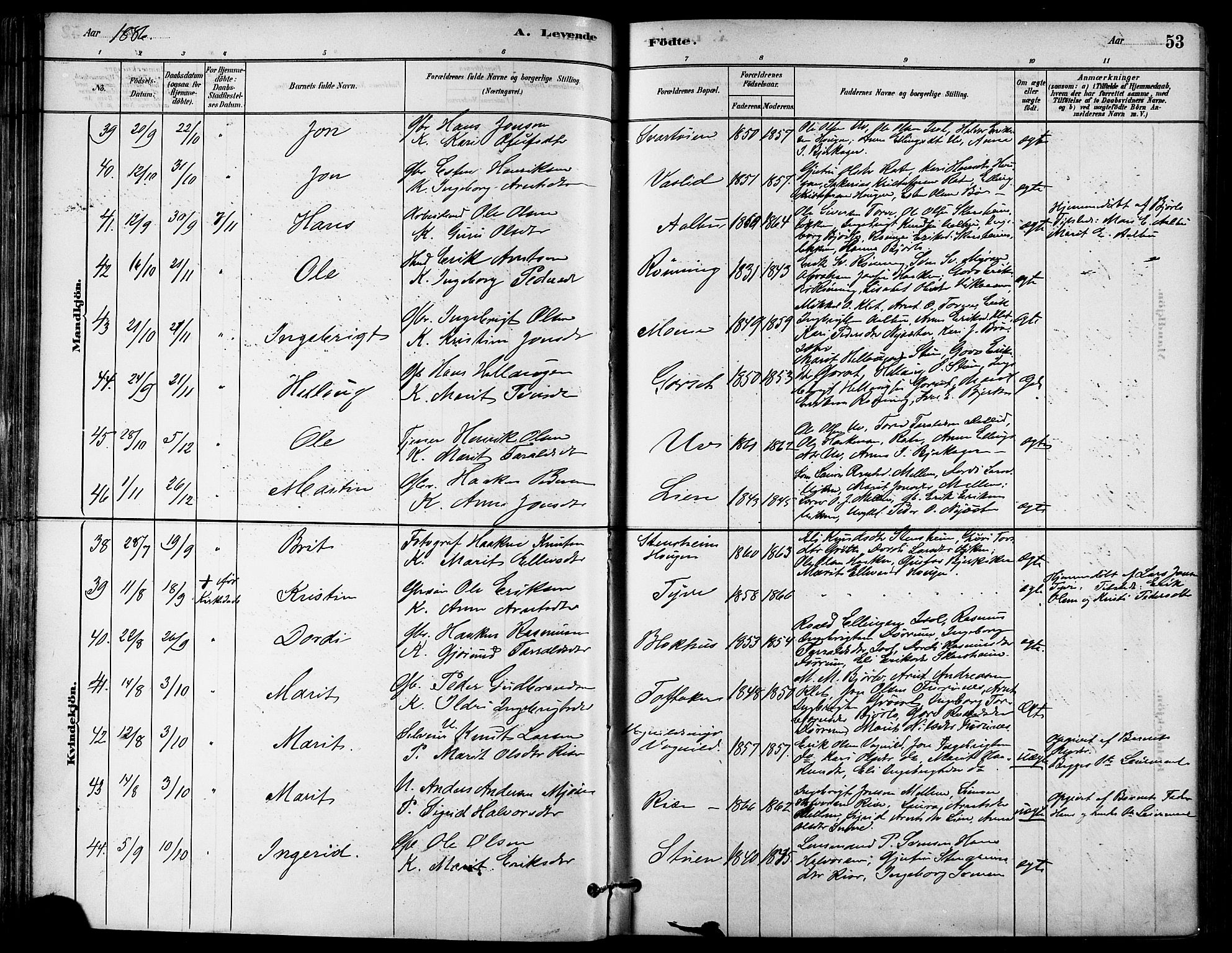 Ministerialprotokoller, klokkerbøker og fødselsregistre - Sør-Trøndelag, AV/SAT-A-1456/678/L0901: Parish register (official) no. 678A10, 1881-1894, p. 53