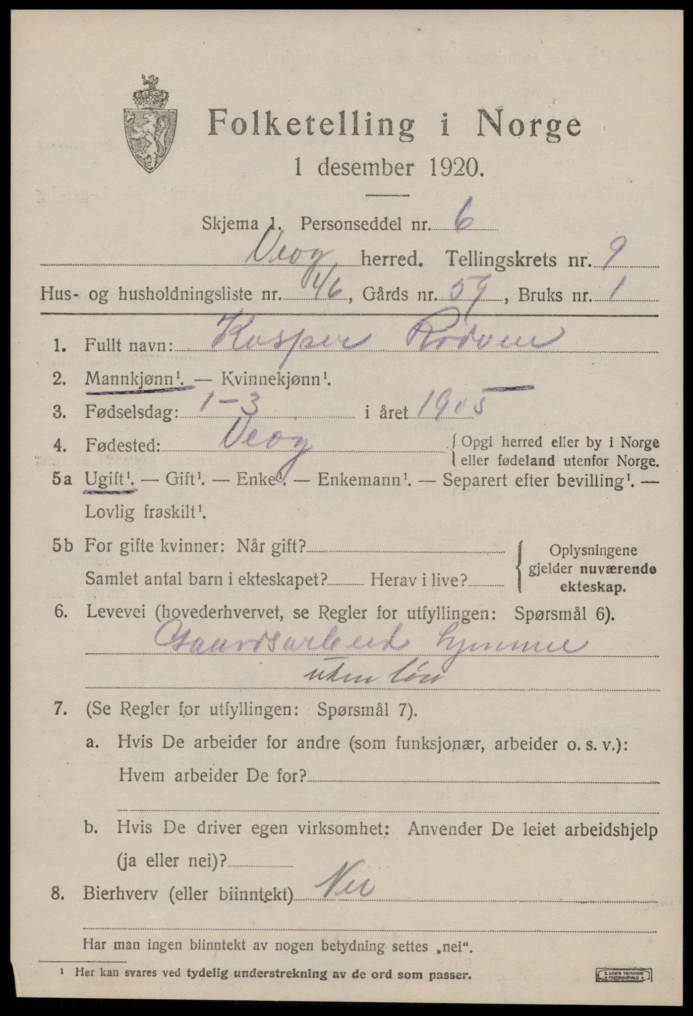 SAT, 1920 census for Veøy, 1920, p. 4705