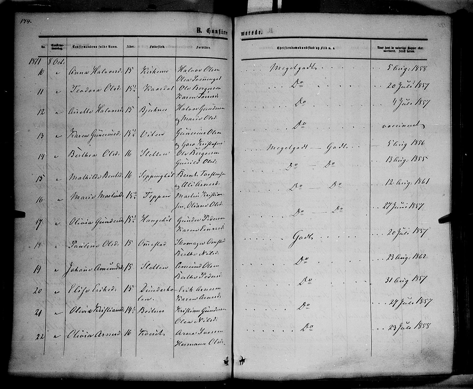 Hof prestekontor, AV/SAH-PREST-038/H/Ha/Haa/L0009: Parish register (official) no. 9, 1862-1877, p. 174