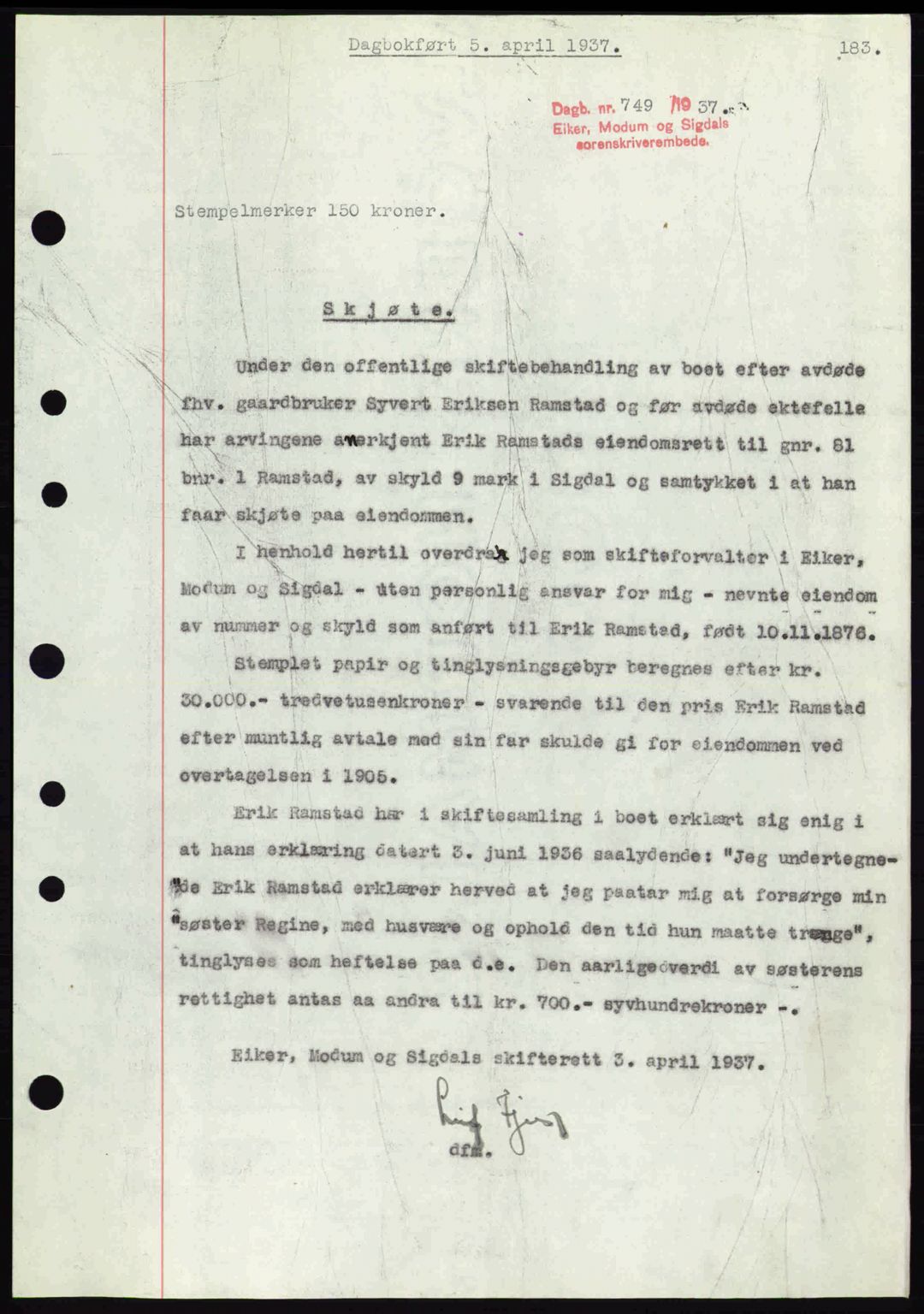 Eiker, Modum og Sigdal sorenskriveri, SAKO/A-123/G/Ga/Gab/L0035: Mortgage book no. A5, 1937-1937, Diary no: : 749/1937