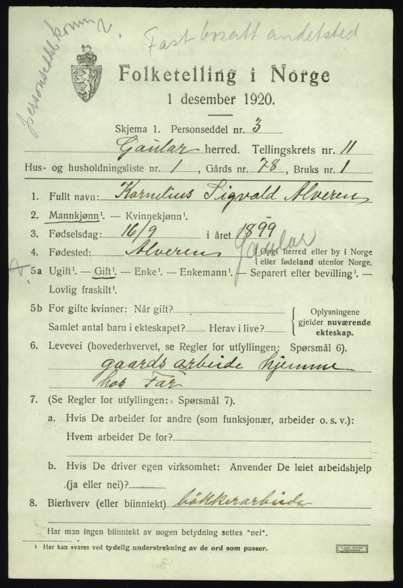 SAB, 1920 census for Gaular, 1920, p. 5148