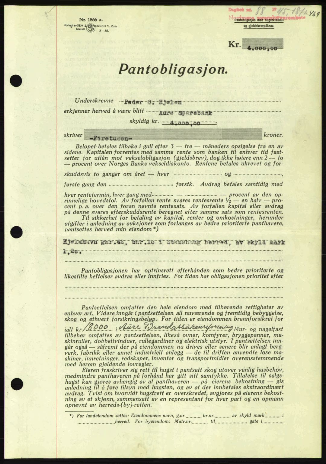 Nordmøre sorenskriveri, AV/SAT-A-4132/1/2/2Ca: Mortgage book no. B92, 1944-1945, Diary no: : 88/1945