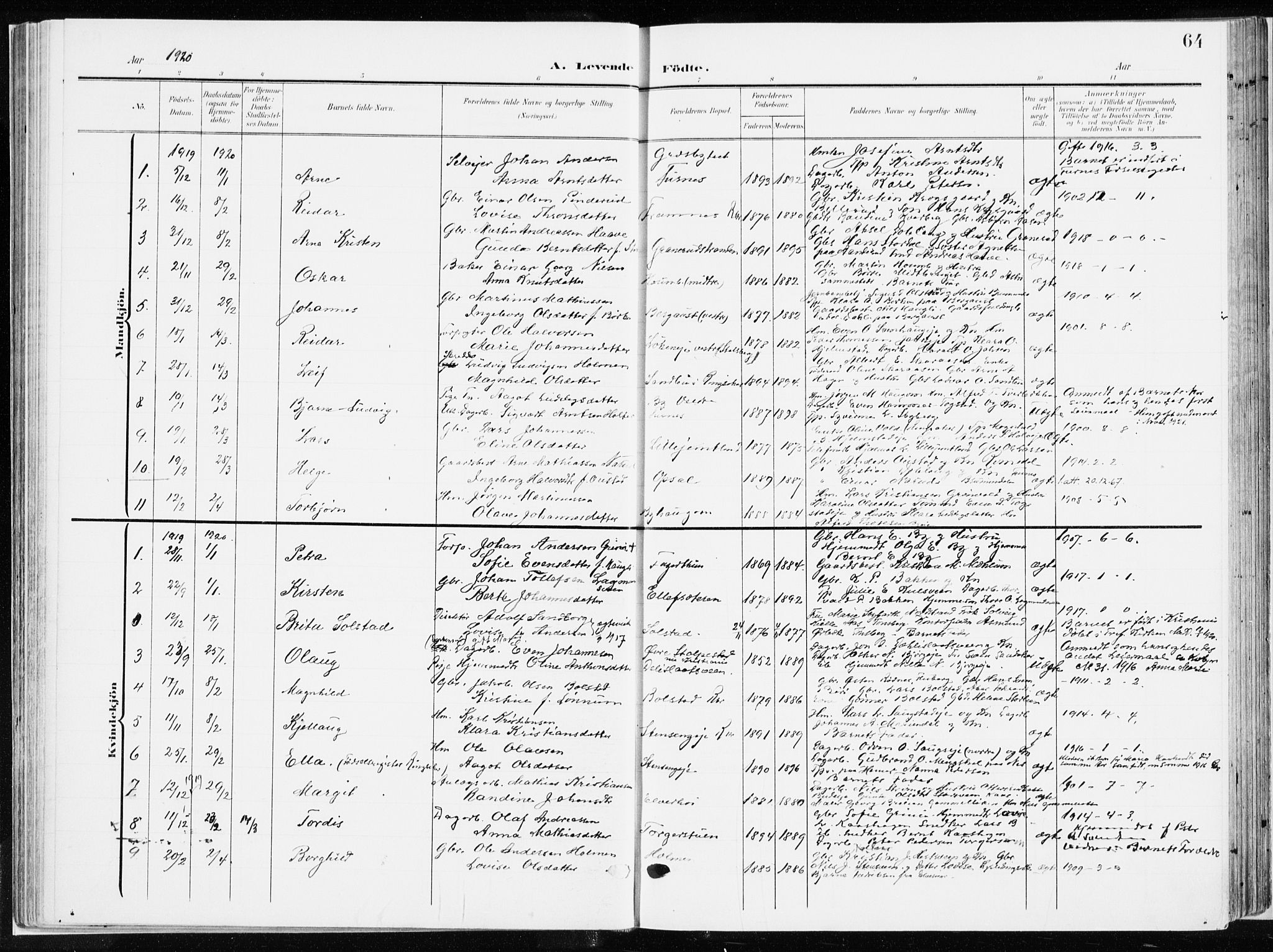 Ringsaker prestekontor, AV/SAH-PREST-014/K/Ka/L0019: Parish register (official) no. 19, 1905-1920, p. 64