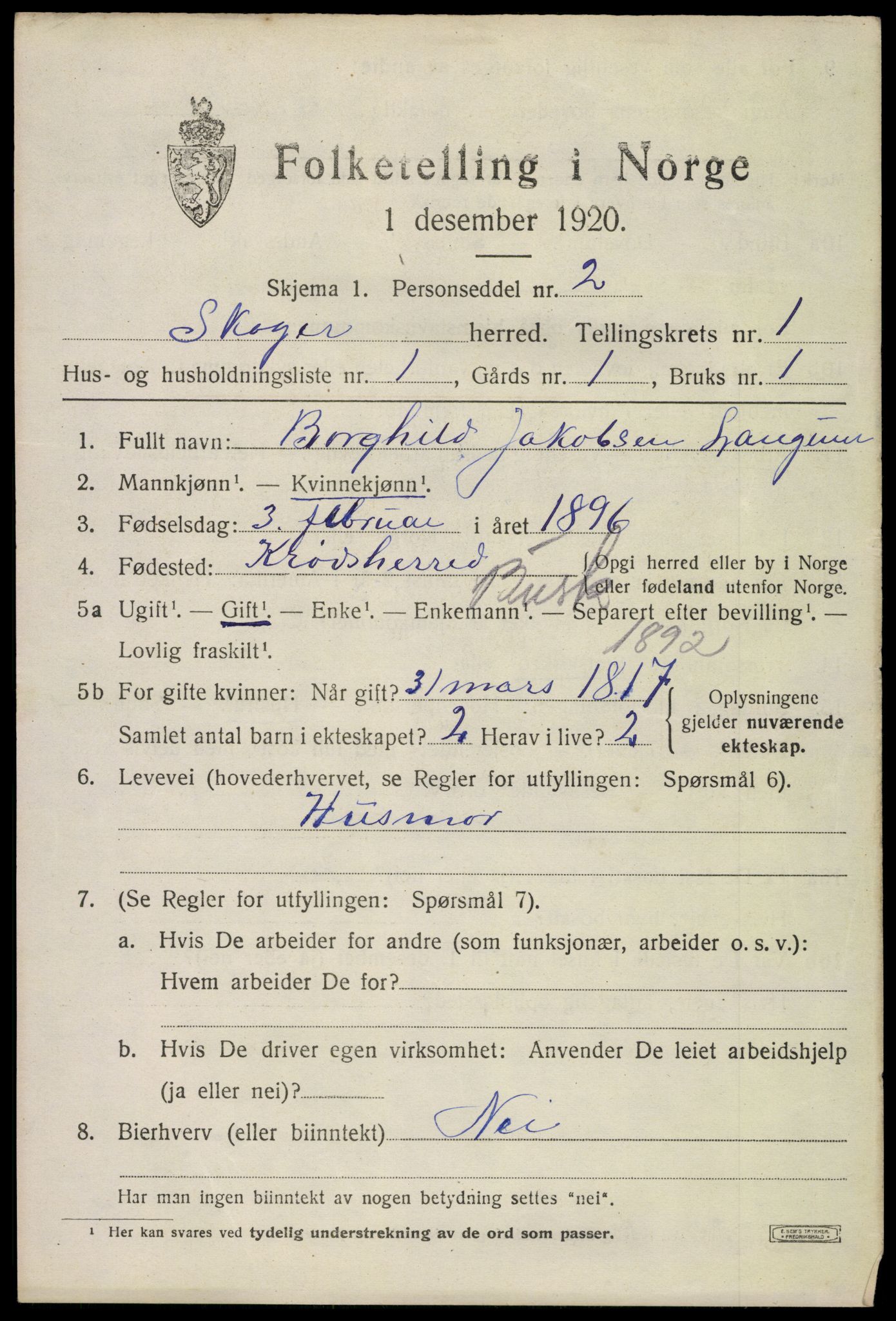 SAKO, 1920 census for Skoger, 1920, p. 2009