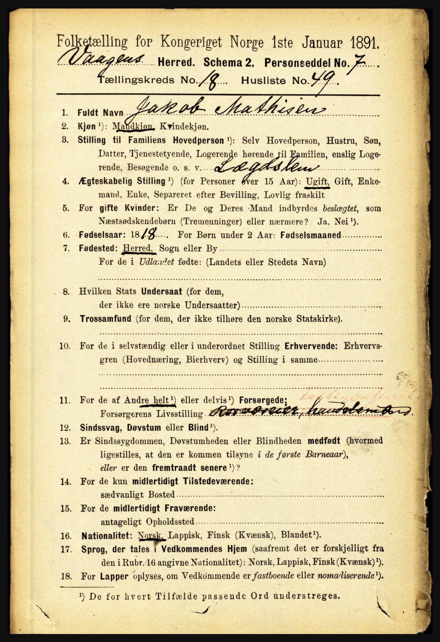RA, 1891 census for 1865 Vågan, 1891, p. 5446