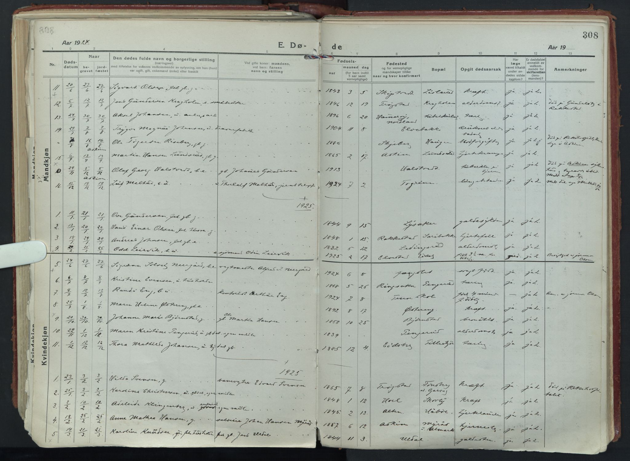 Eidsberg prestekontor Kirkebøker, SAO/A-10905/F/Fa/L0015: Parish register (official) no. I 15, 1920-1937, p. 308
