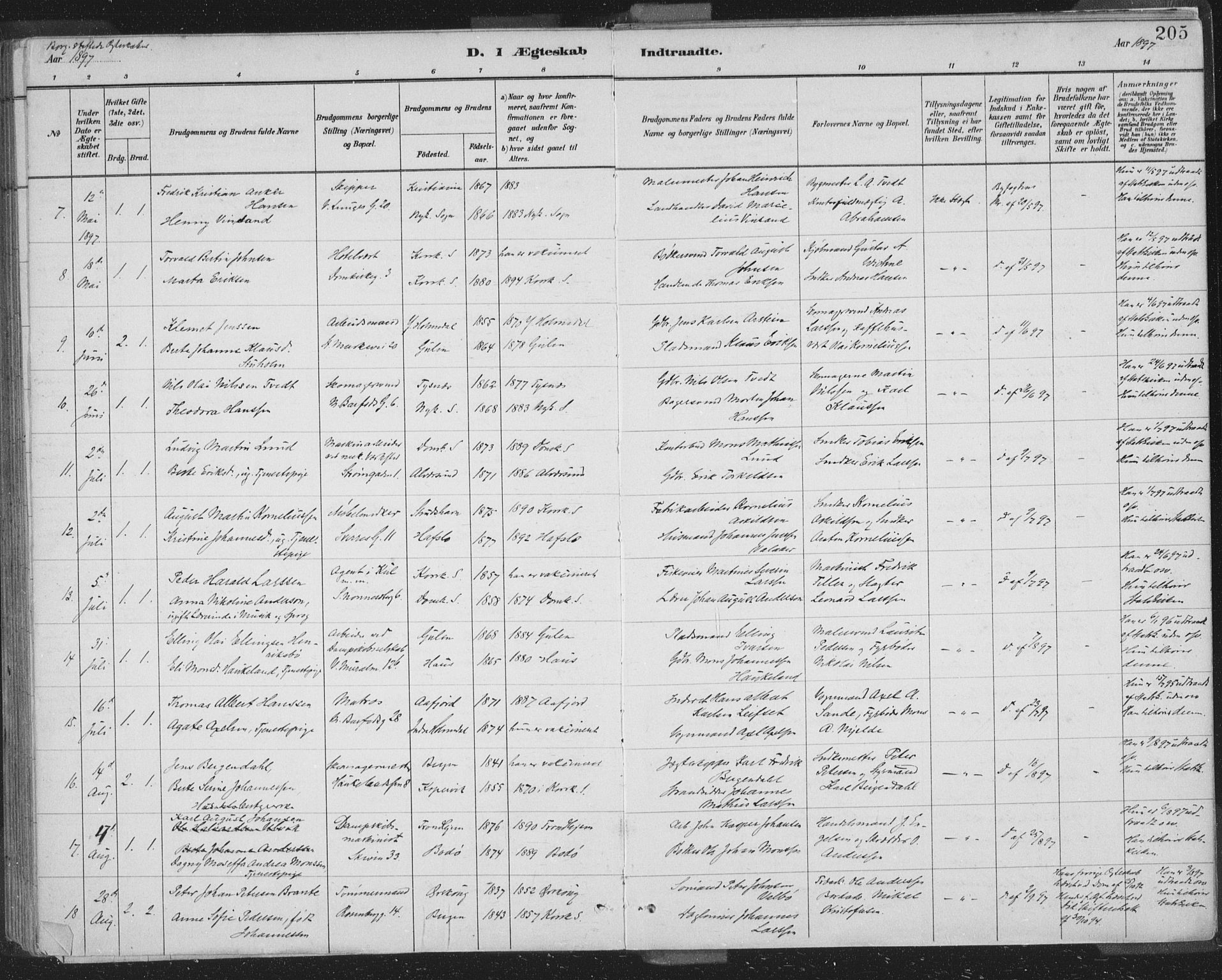 Domkirken sokneprestembete, SAB/A-74801/H/Hab/L0032: Parish register (copy) no. D 4, 1880-1907, p. 205