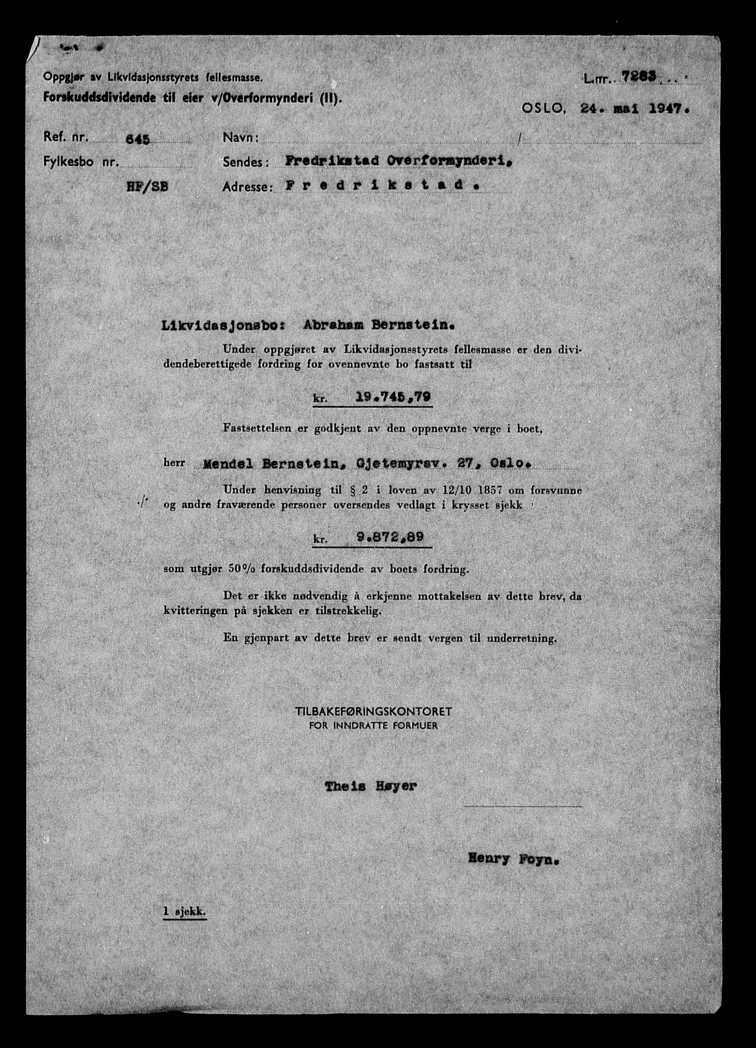 Justisdepartementet, Tilbakeføringskontoret for inndratte formuer, AV/RA-S-1564/H/Hc/Hcd/L0991: --, 1945-1947, p. 160