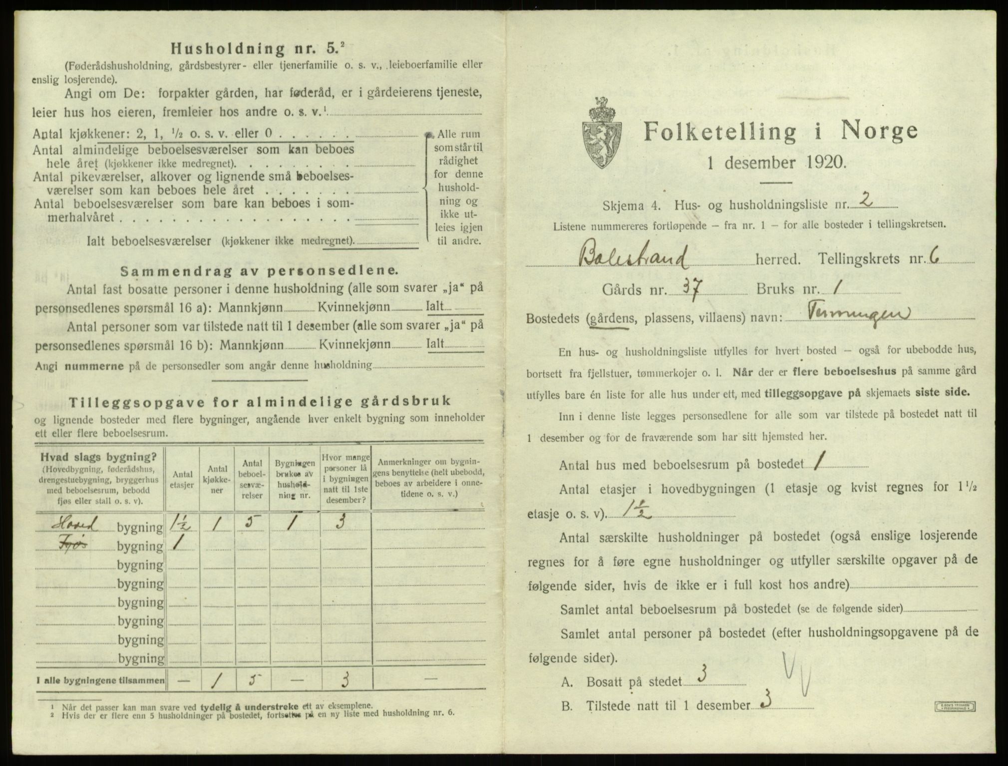 SAB, 1920 census for Balestrand, 1920, p. 400