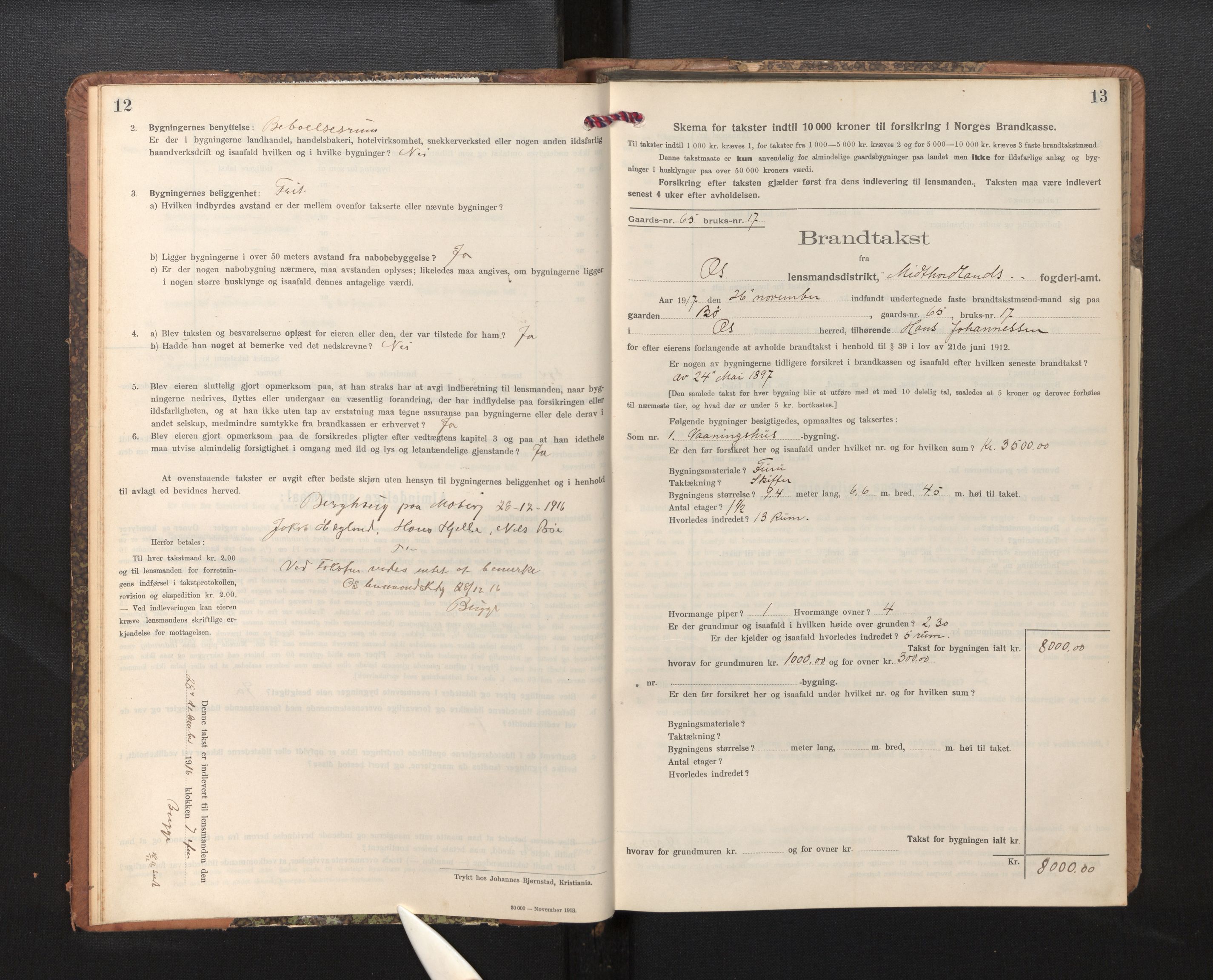 Lensmannen i Os, SAB/A-34101/0012/L0009: Branntakstprotokoll, skjematakst, 1915-1955, p. 12-13