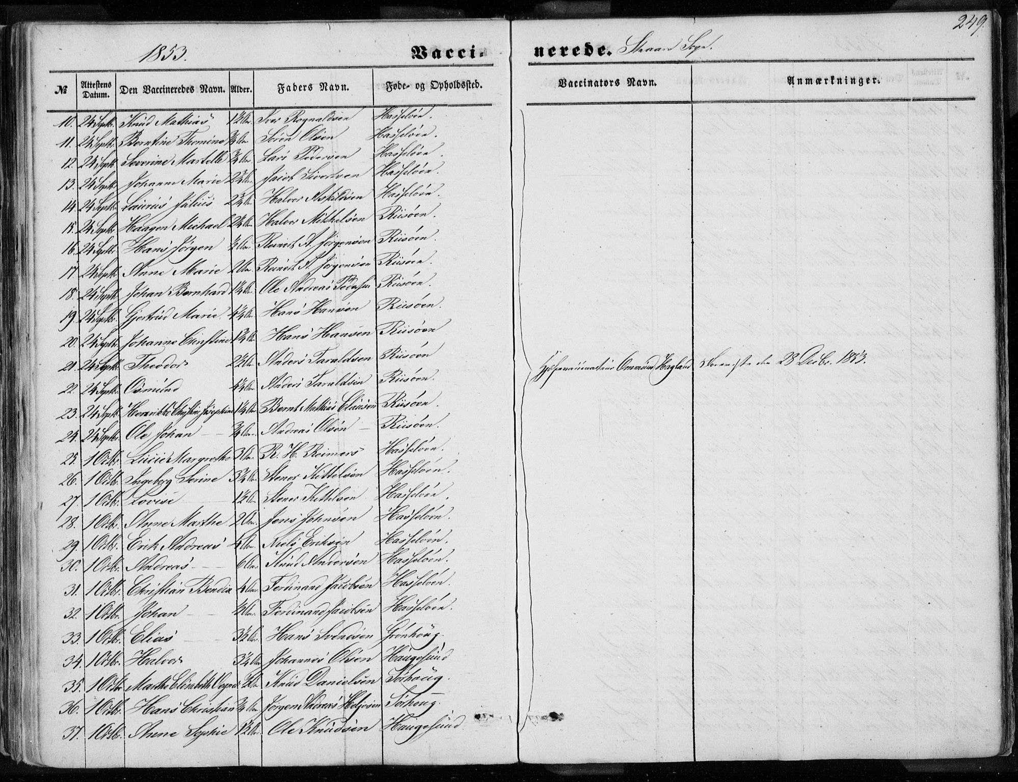 Torvastad sokneprestkontor, AV/SAST-A -101857/H/Ha/Haa/L0009: Parish register (official) no. A 9, 1847-1856, p. 249