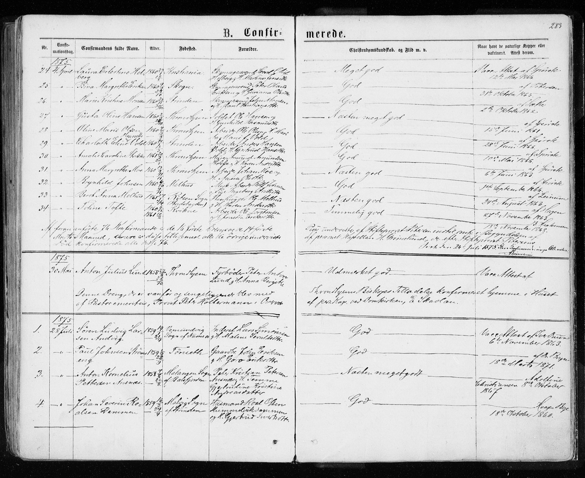 Ministerialprotokoller, klokkerbøker og fødselsregistre - Sør-Trøndelag, SAT/A-1456/601/L0054: Parish register (official) no. 601A22, 1866-1877, p. 283