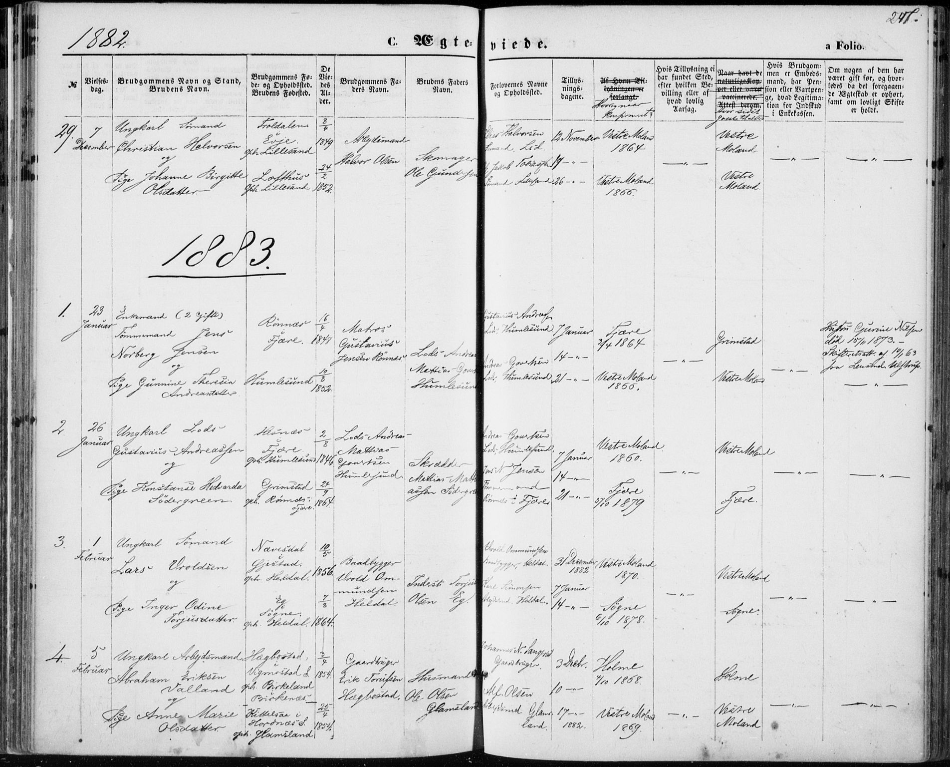 Vestre Moland sokneprestkontor, SAK/1111-0046/F/Fa/Fab/L0008: Parish register (official) no. A 8, 1873-1883, p. 247
