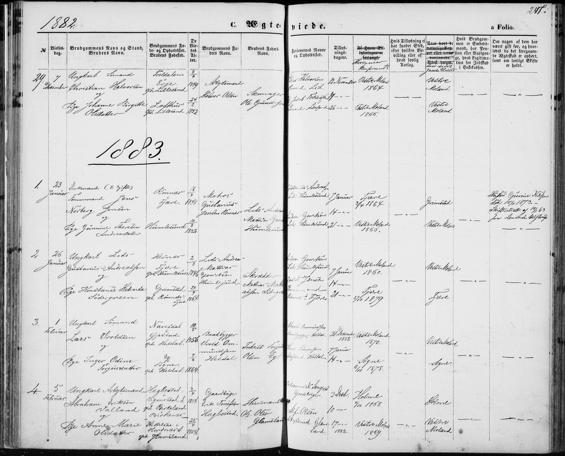 Vestre Moland sokneprestkontor, AV/SAK-1111-0046/F/Fa/Fab/L0008: Parish register (official) no. A 8, 1873-1883, p. 247