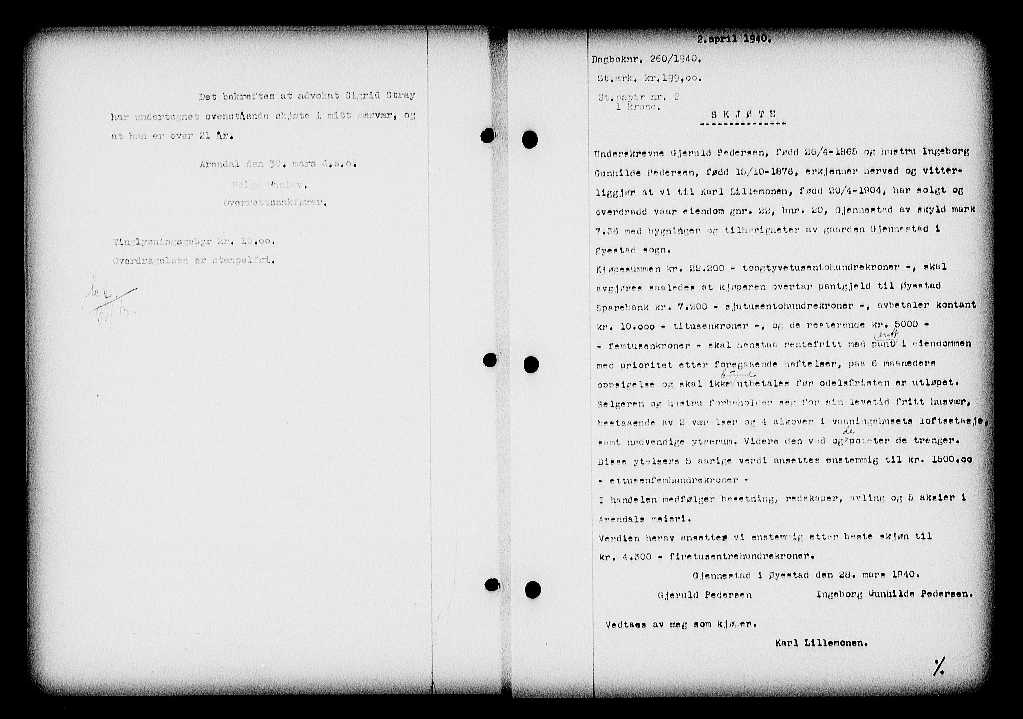 Nedenes sorenskriveri, SAK/1221-0006/G/Gb/Gba/L0047: Mortgage book no. A-I, 1939-1940, Diary no: : 260/1940