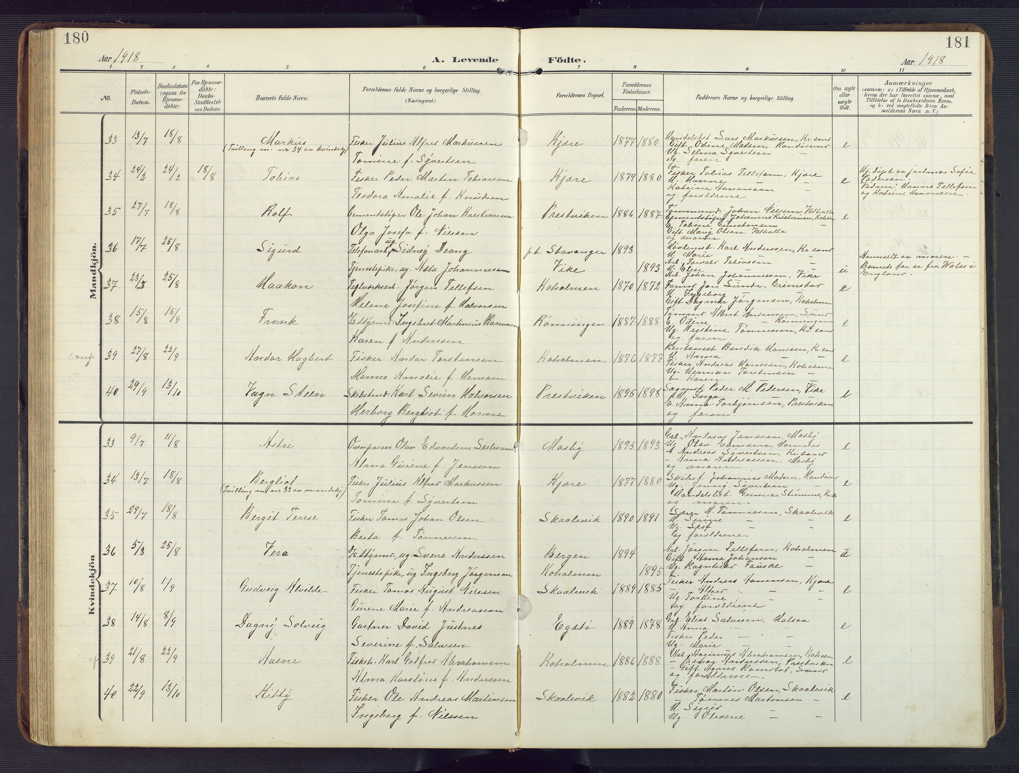 Oddernes sokneprestkontor, AV/SAK-1111-0033/F/Fb/Fba/L0010: Parish register (copy) no. B 10, 1907-1941, p. 180-181