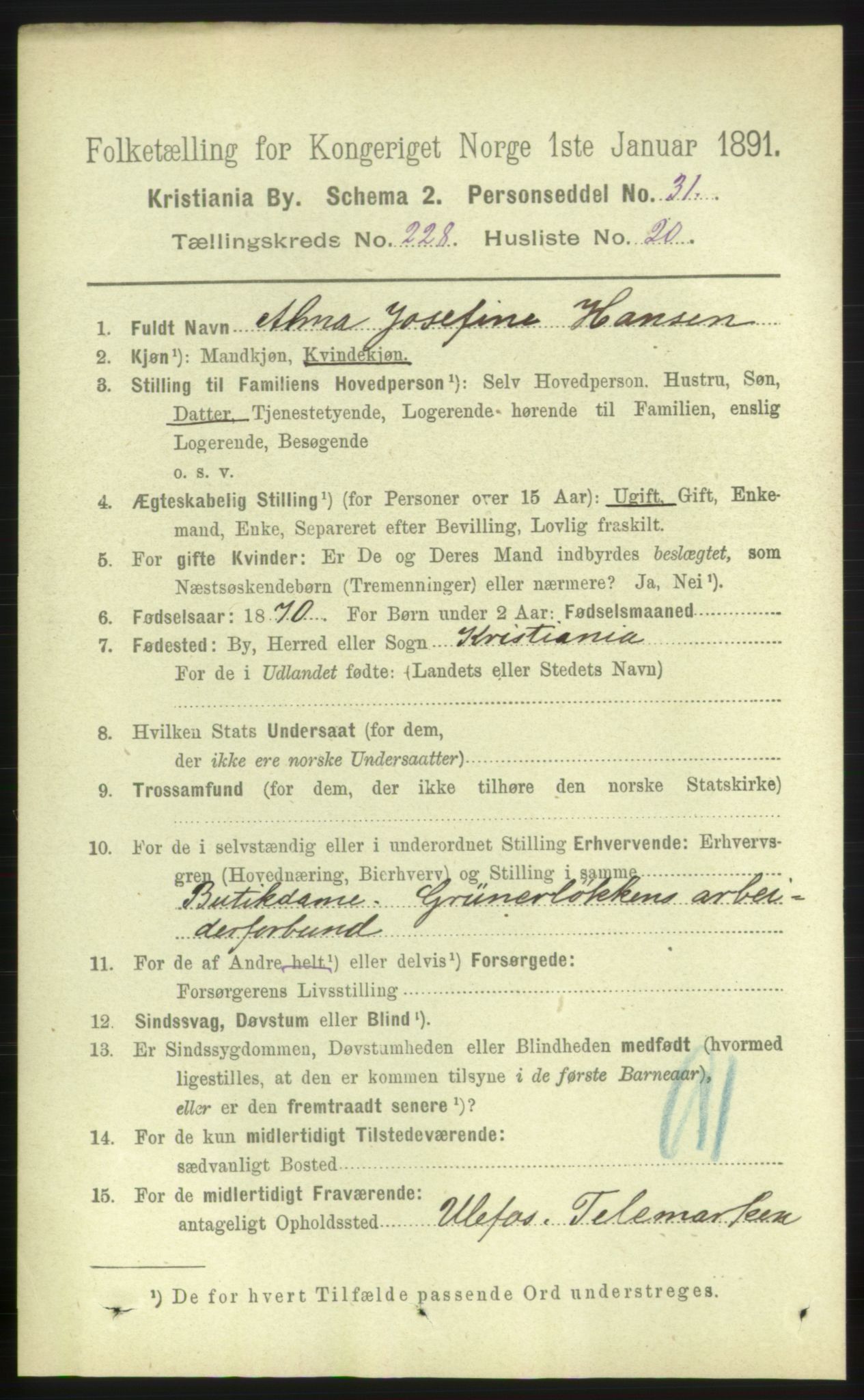 RA, 1891 census for 0301 Kristiania, 1891, p. 140101