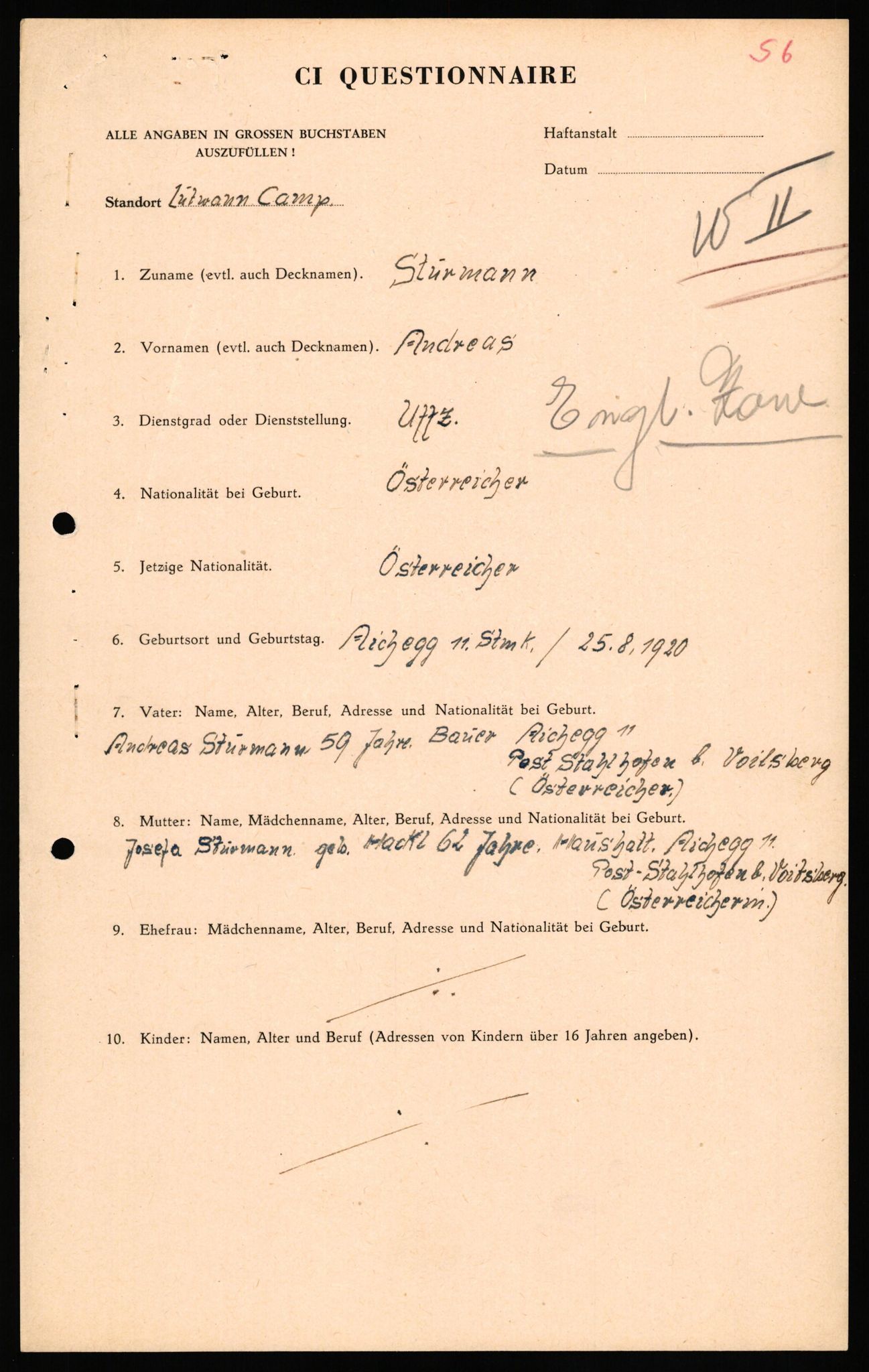 Forsvaret, Forsvarets overkommando II, AV/RA-RAFA-3915/D/Db/L0040: CI Questionaires. Tyske okkupasjonsstyrker i Norge. Østerrikere., 1945-1946, p. 260