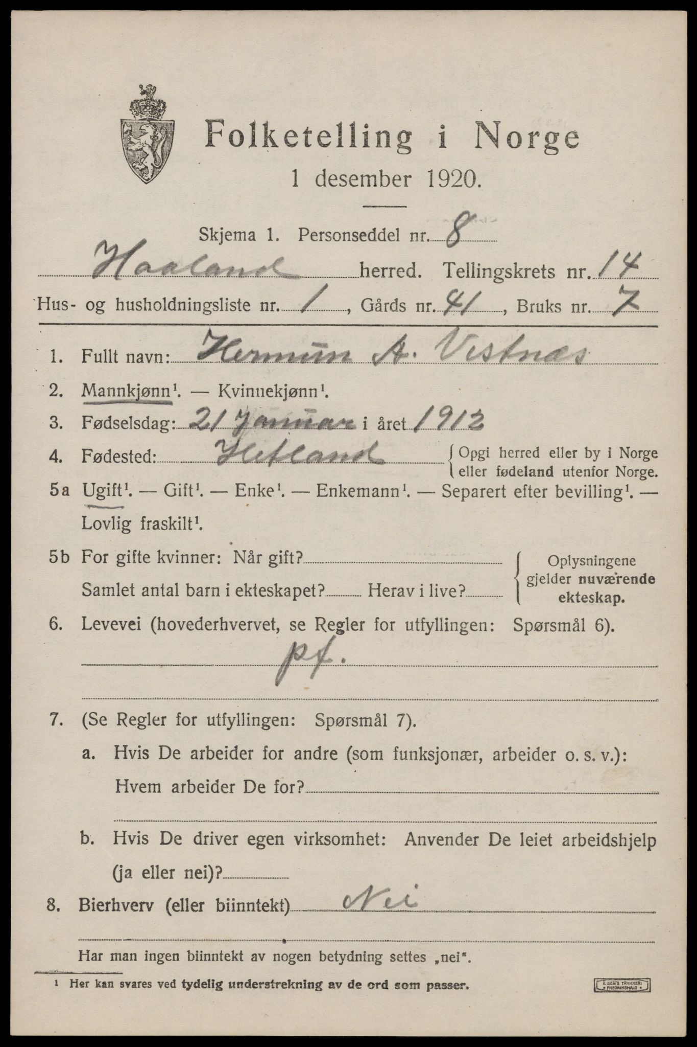 SAST, 1920 census for Håland, 1920, p. 9983