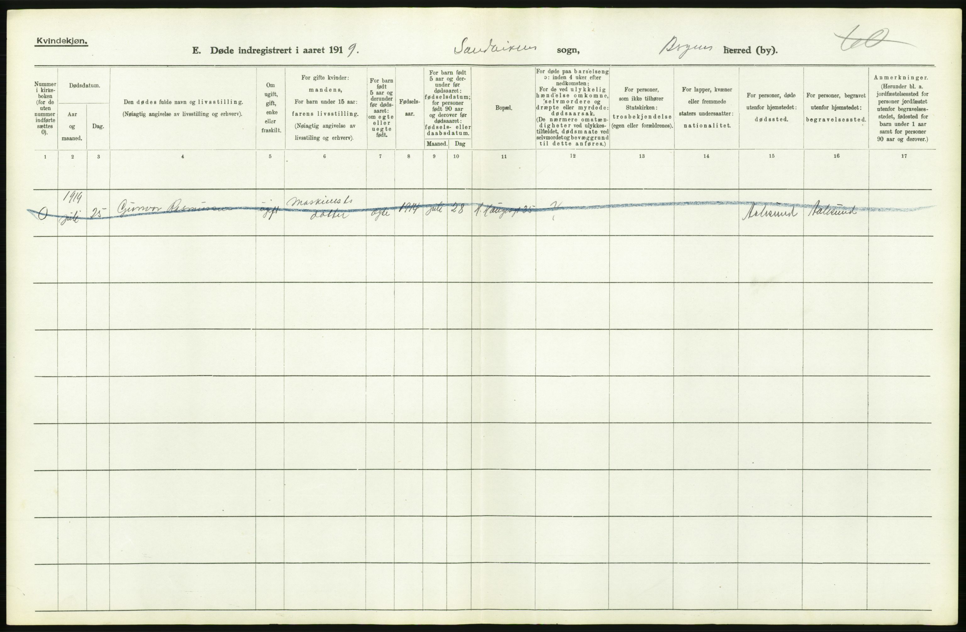 Statistisk sentralbyrå, Sosiodemografiske emner, Befolkning, RA/S-2228/D/Df/Dfb/Dfbi/L0035: Bergen: Gifte, døde, dødfødte., 1919, p. 490