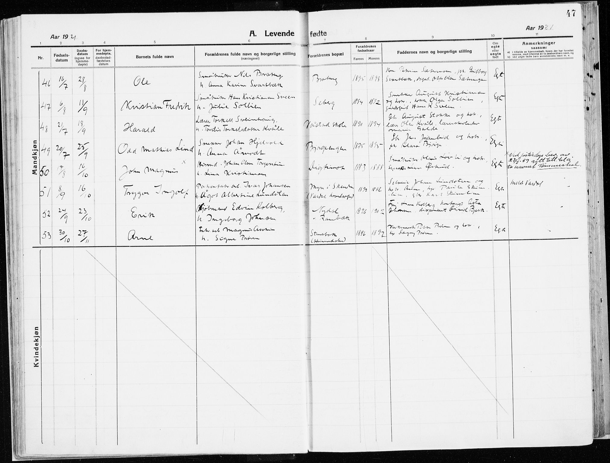 Vardal prestekontor, SAH/PREST-100/H/Ha/Haa/L0017: Parish register (official) no. 17, 1915-1929, p. 47