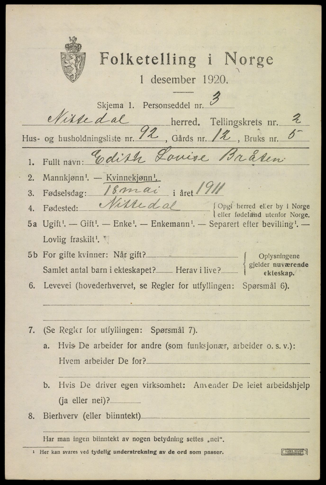 SAO, 1920 census for Nittedal, 1920, p. 2800
