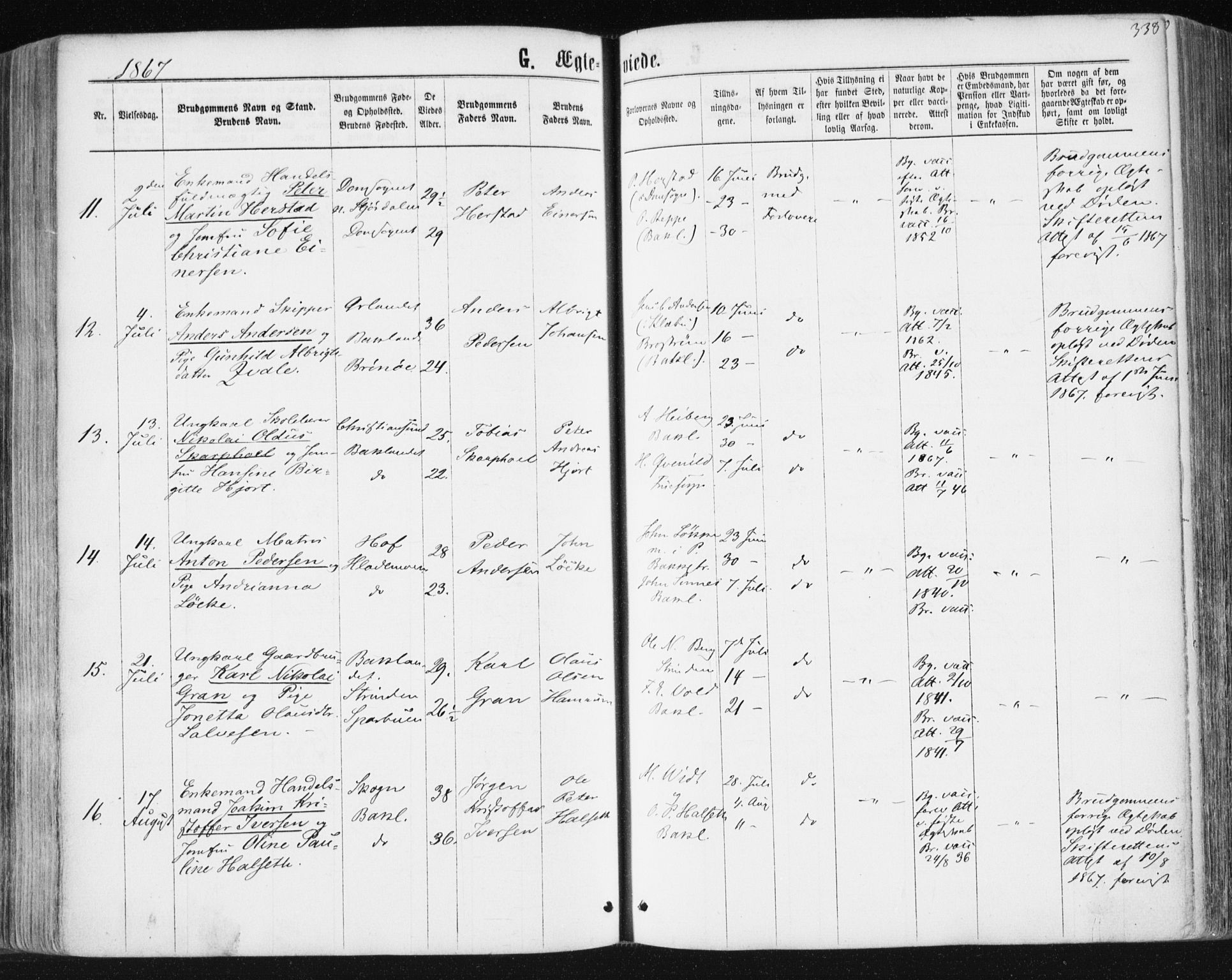 Ministerialprotokoller, klokkerbøker og fødselsregistre - Sør-Trøndelag, AV/SAT-A-1456/604/L0186: Parish register (official) no. 604A07, 1866-1877, p. 338