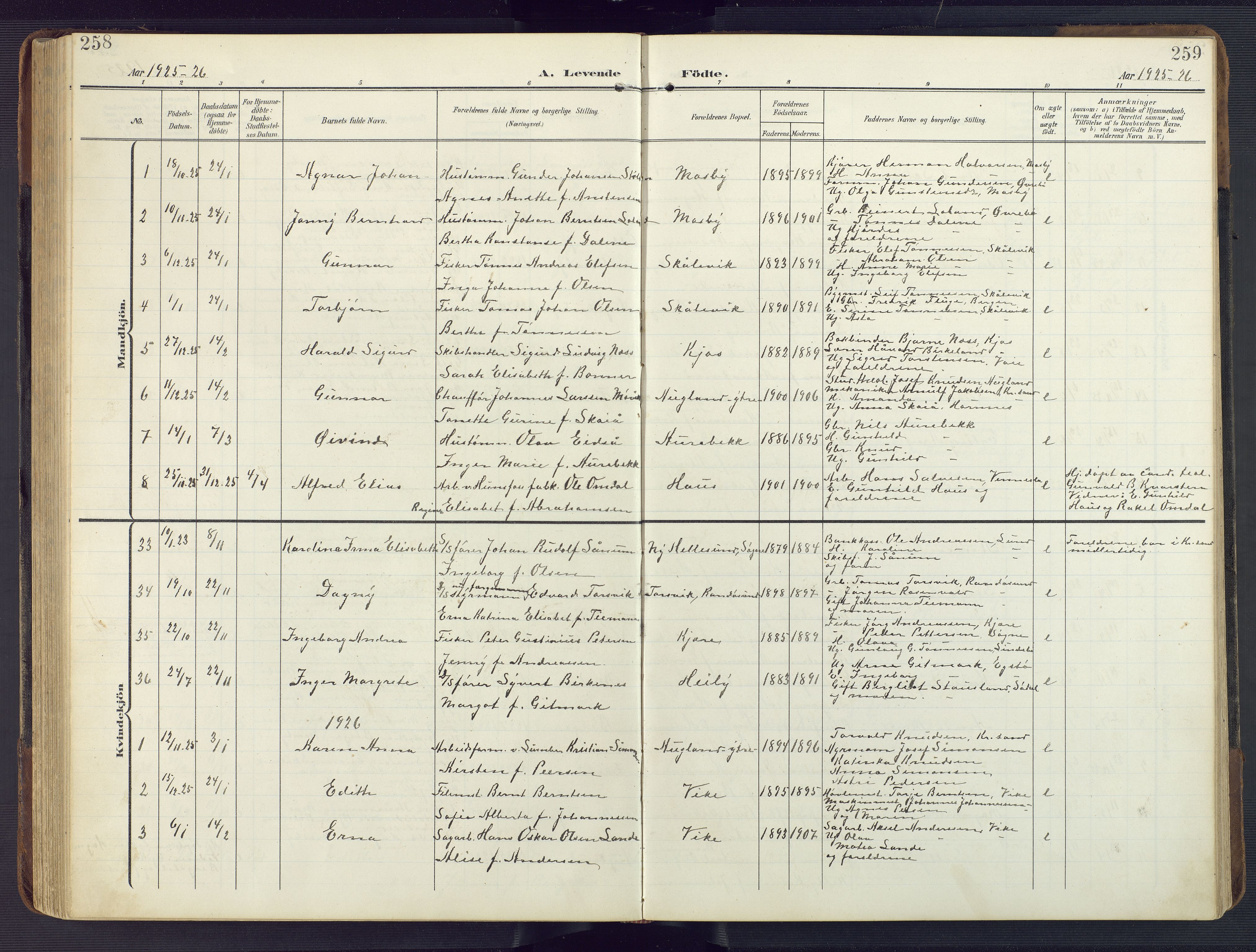 Oddernes sokneprestkontor, SAK/1111-0033/F/Fb/Fba/L0010: Parish register (copy) no. B 10, 1907-1941, p. 258-259