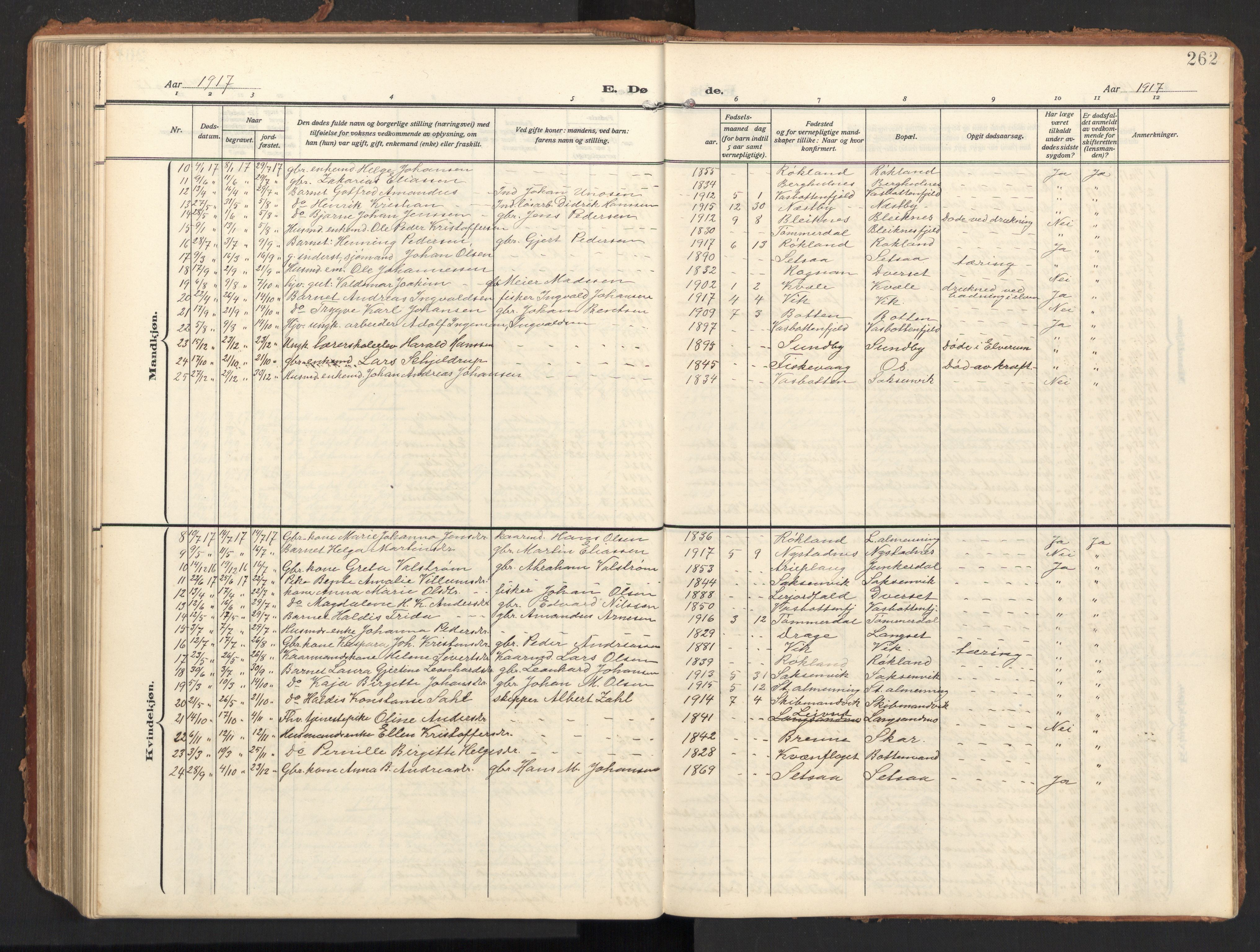 Ministerialprotokoller, klokkerbøker og fødselsregistre - Nordland, AV/SAT-A-1459/847/L0683: Parish register (copy) no. 847C11, 1908-1929, p. 262