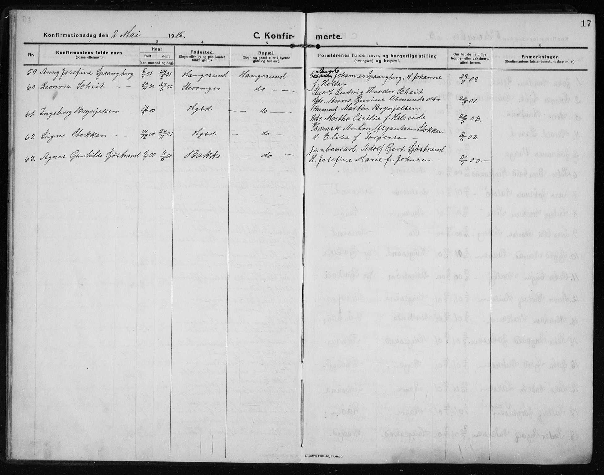 Haugesund sokneprestkontor, AV/SAST-A -101863/H/Ha/Haa/L0009: Parish register (official) no. A 9, 1914-1929, p. 17