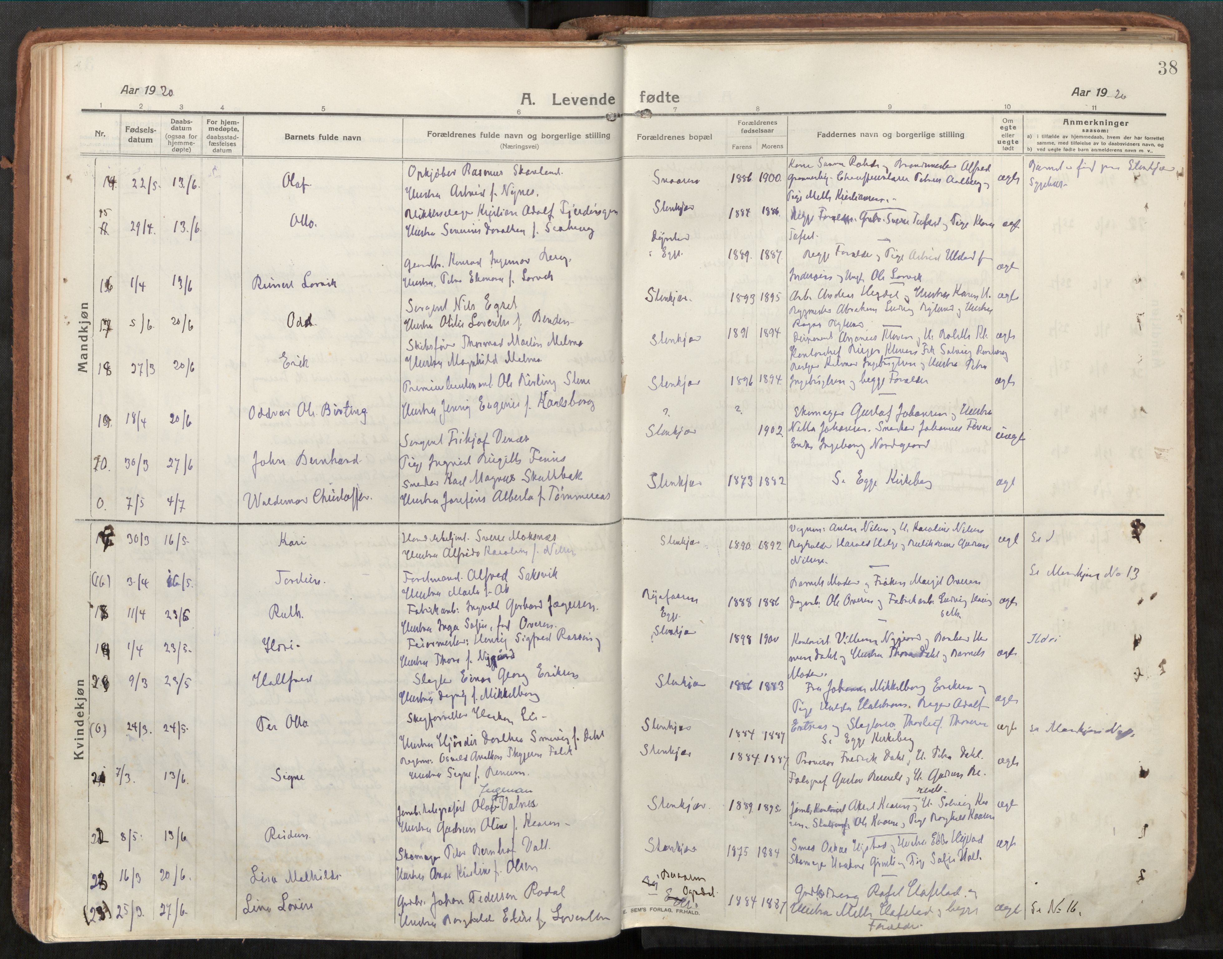 Steinkjer sokneprestkontor, AV/SAT-A-1541/01/H/Ha/Haa/L0003: Parish register (official) no. 3, 1913-1922, p. 38