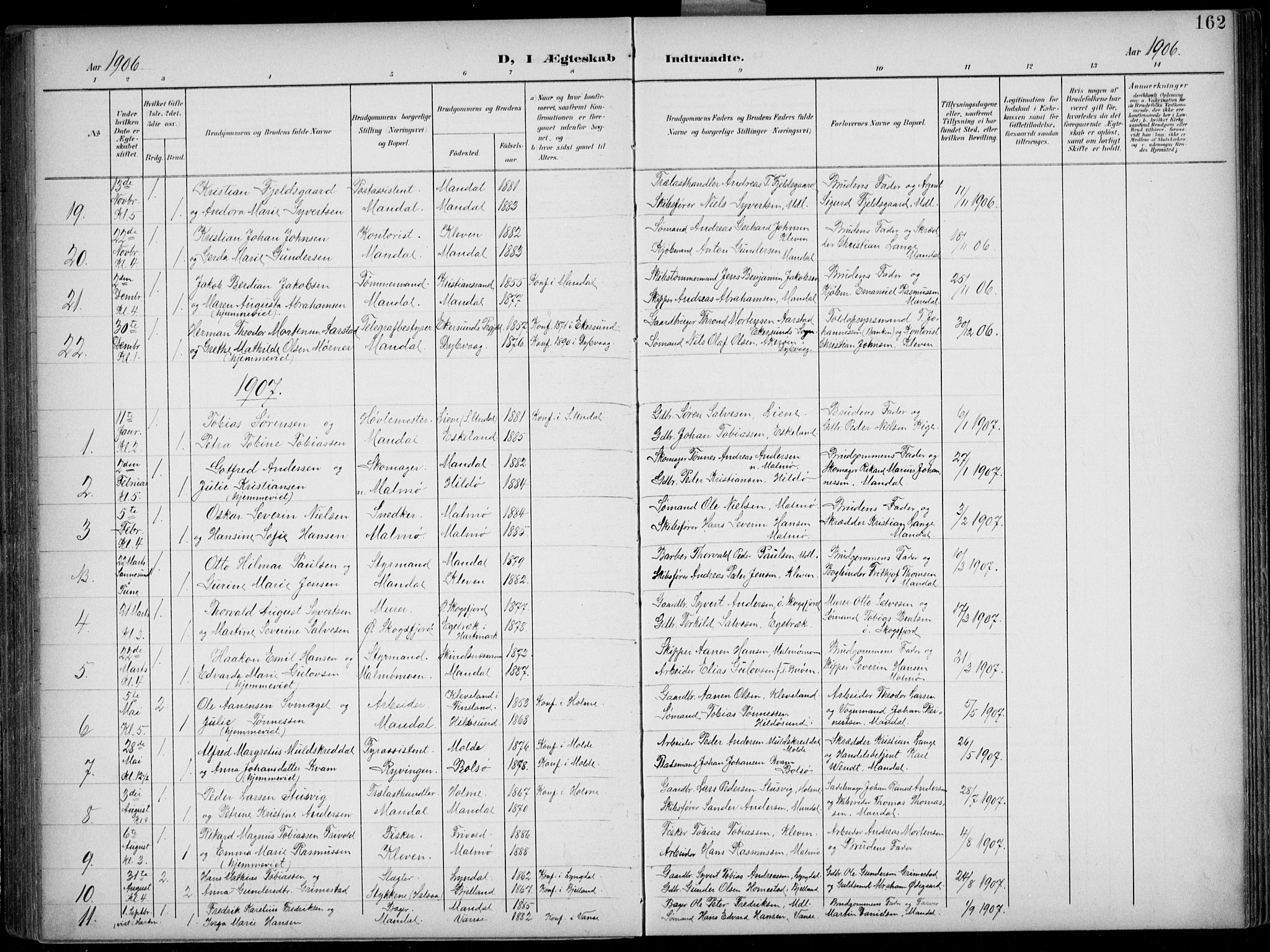 Mandal sokneprestkontor, AV/SAK-1111-0030/F/Fb/Fba/L0012: Parish register (copy) no. B 6, 1899-1918, p. 162