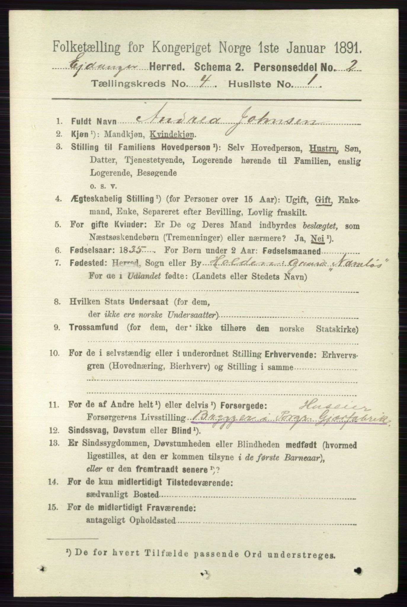 RA, 1891 census for 0813 Eidanger, 1891, p. 1942