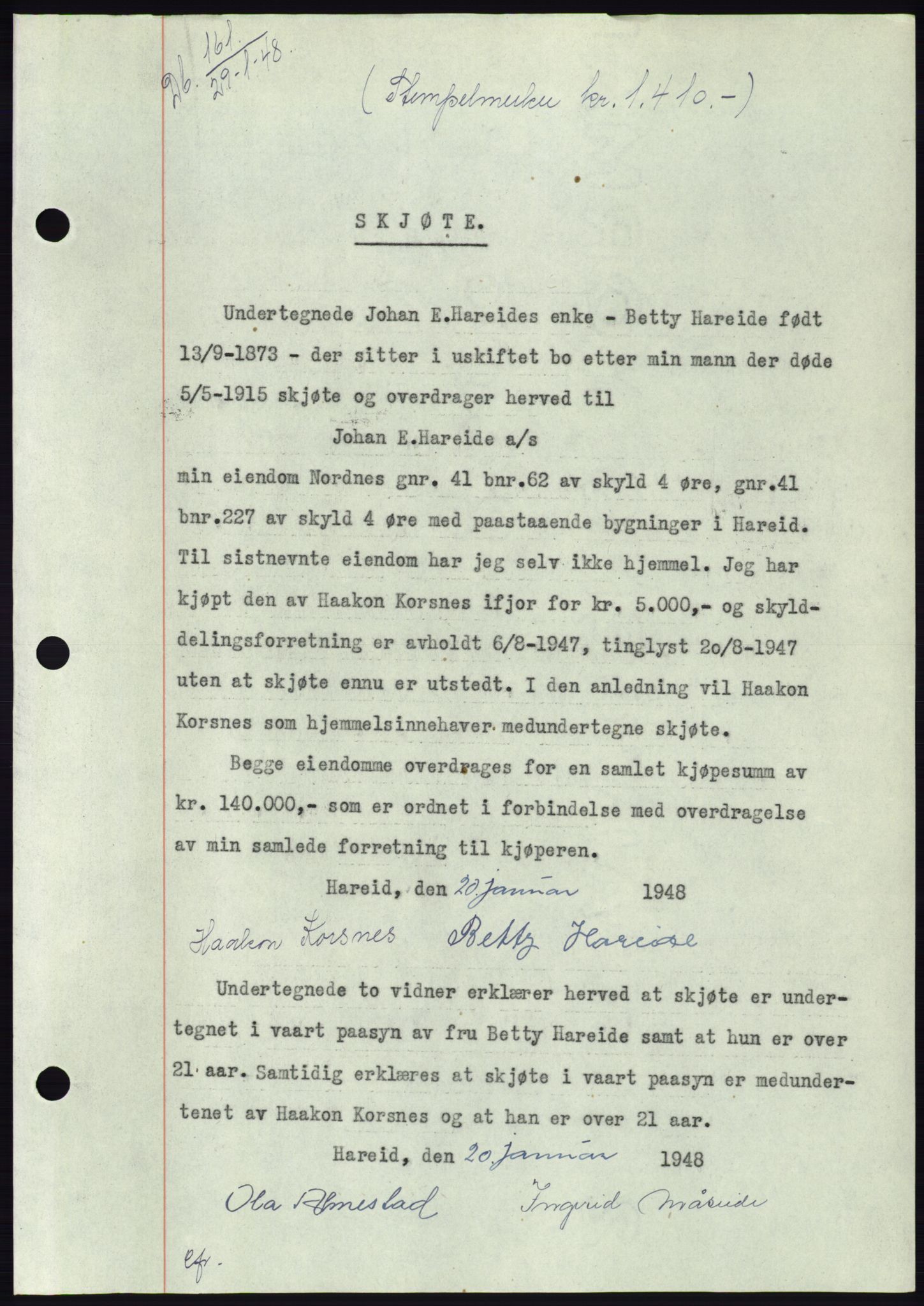 Søre Sunnmøre sorenskriveri, AV/SAT-A-4122/1/2/2C/L0082: Mortgage book no. 8A, 1948-1948, Diary no: : 161/1948