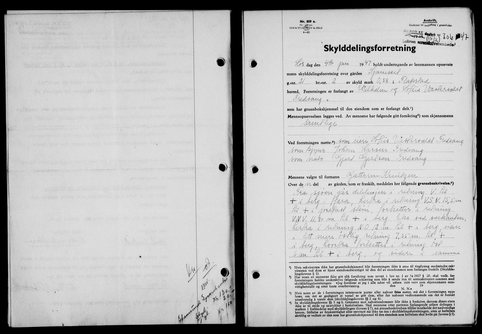 Lofoten sorenskriveri, SAT/A-0017/1/2/2C/L0015a: Mortgage book no. 15a, 1946-1947, Diary no: : 306/1947