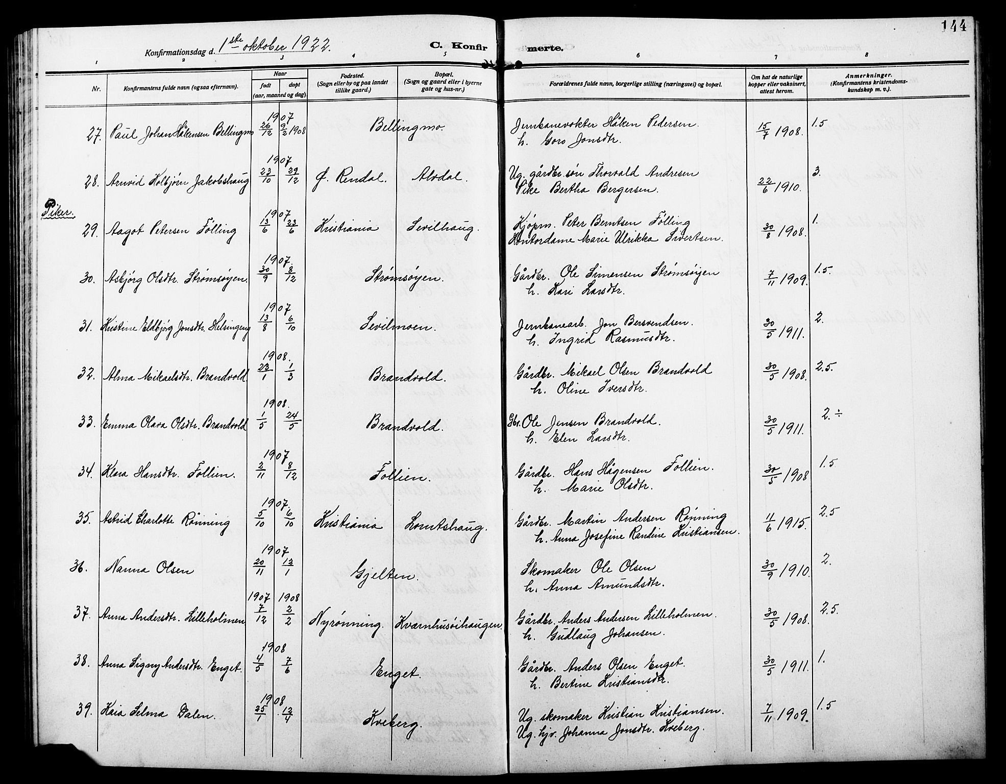 Alvdal prestekontor, AV/SAH-PREST-060/H/Ha/Hab/L0005: Parish register (copy) no. 5, 1908-1923, p. 144