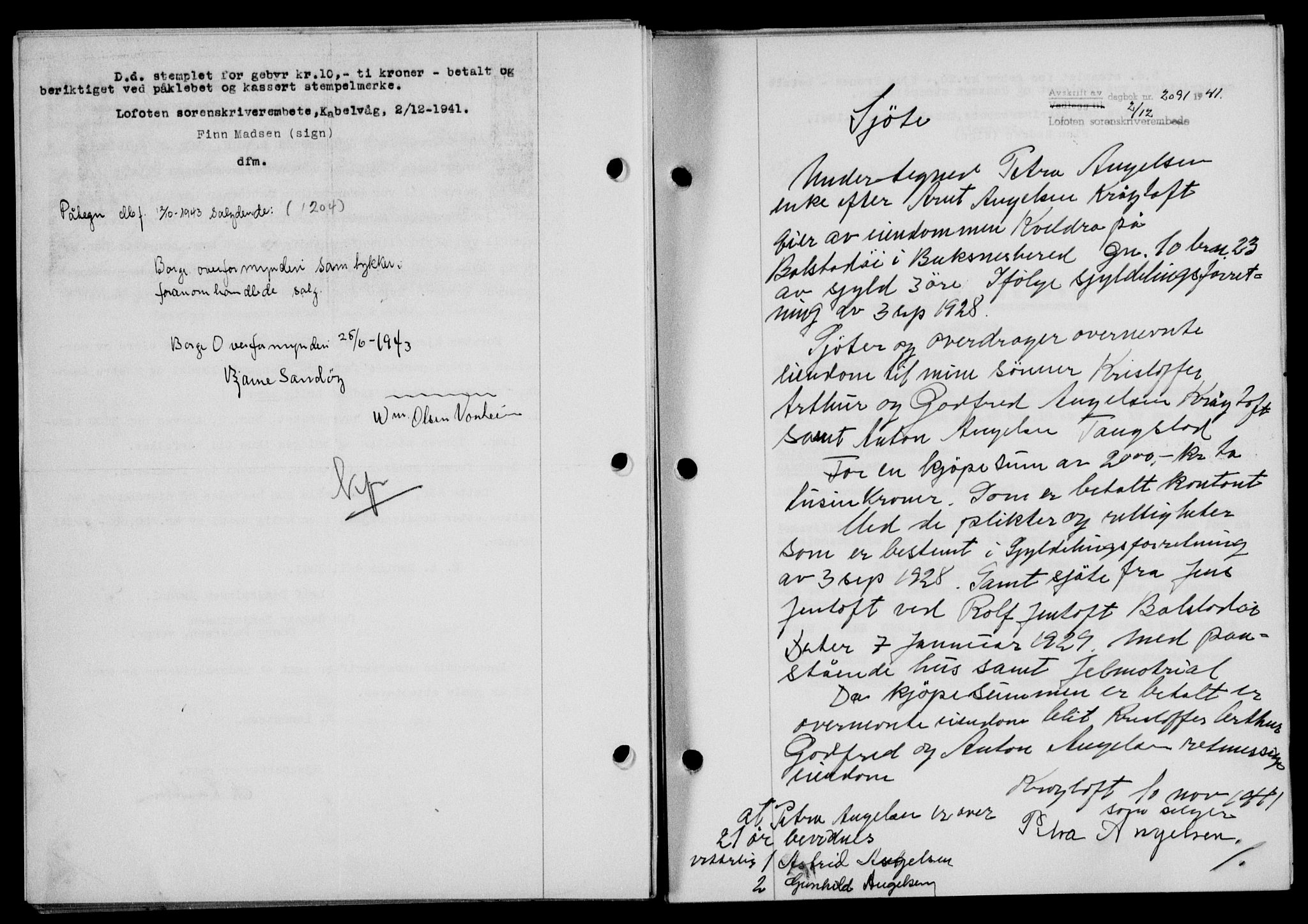 Lofoten sorenskriveri, SAT/A-0017/1/2/2C/L0009a: Mortgage book no. 9a, 1941-1942, Diary no: : 2091/1941