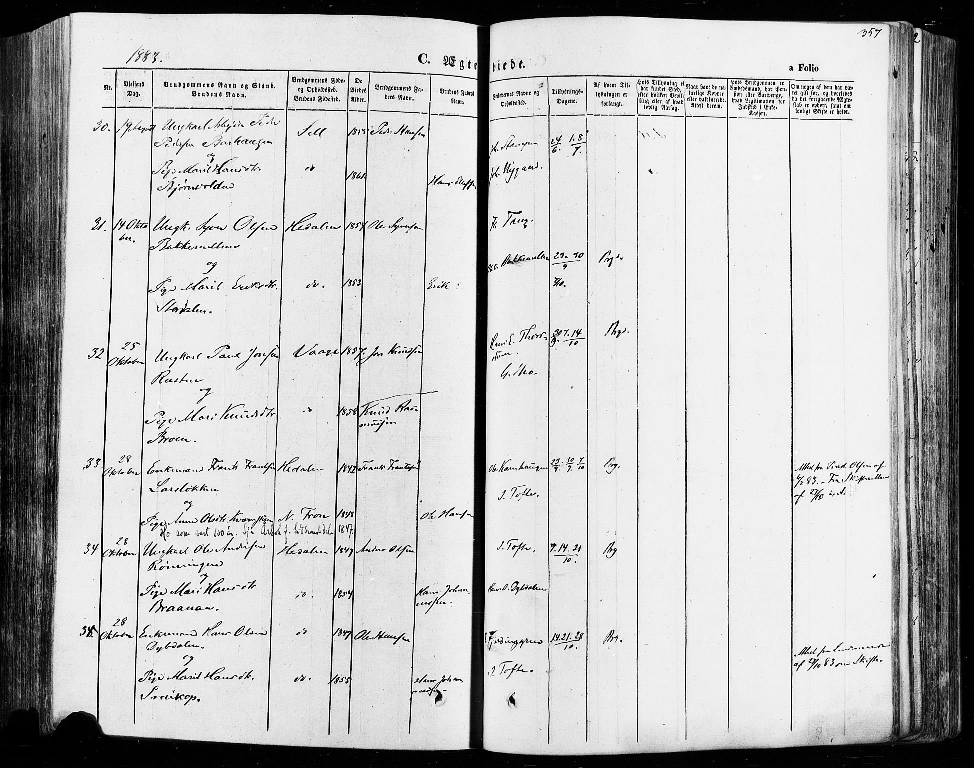 Vågå prestekontor, AV/SAH-PREST-076/H/Ha/Haa/L0007: Parish register (official) no. 7 /1, 1872-1886, p. 357