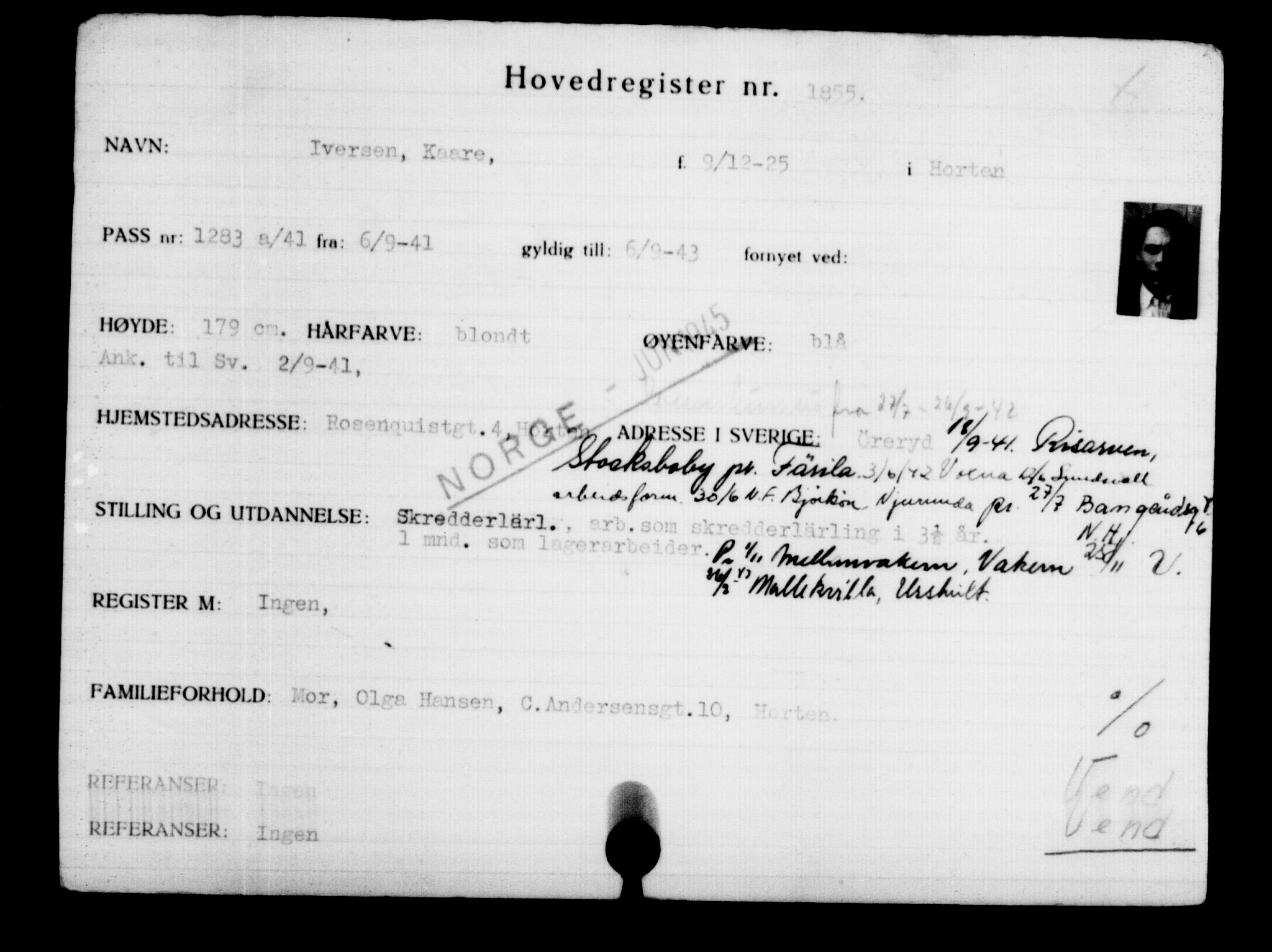 Den Kgl. Norske Legasjons Flyktningskontor, RA/S-6753/V/Va/L0002: Kjesäterkartoteket.  Flyktningenr. 1001-2000, 1940-1945, p. 1220