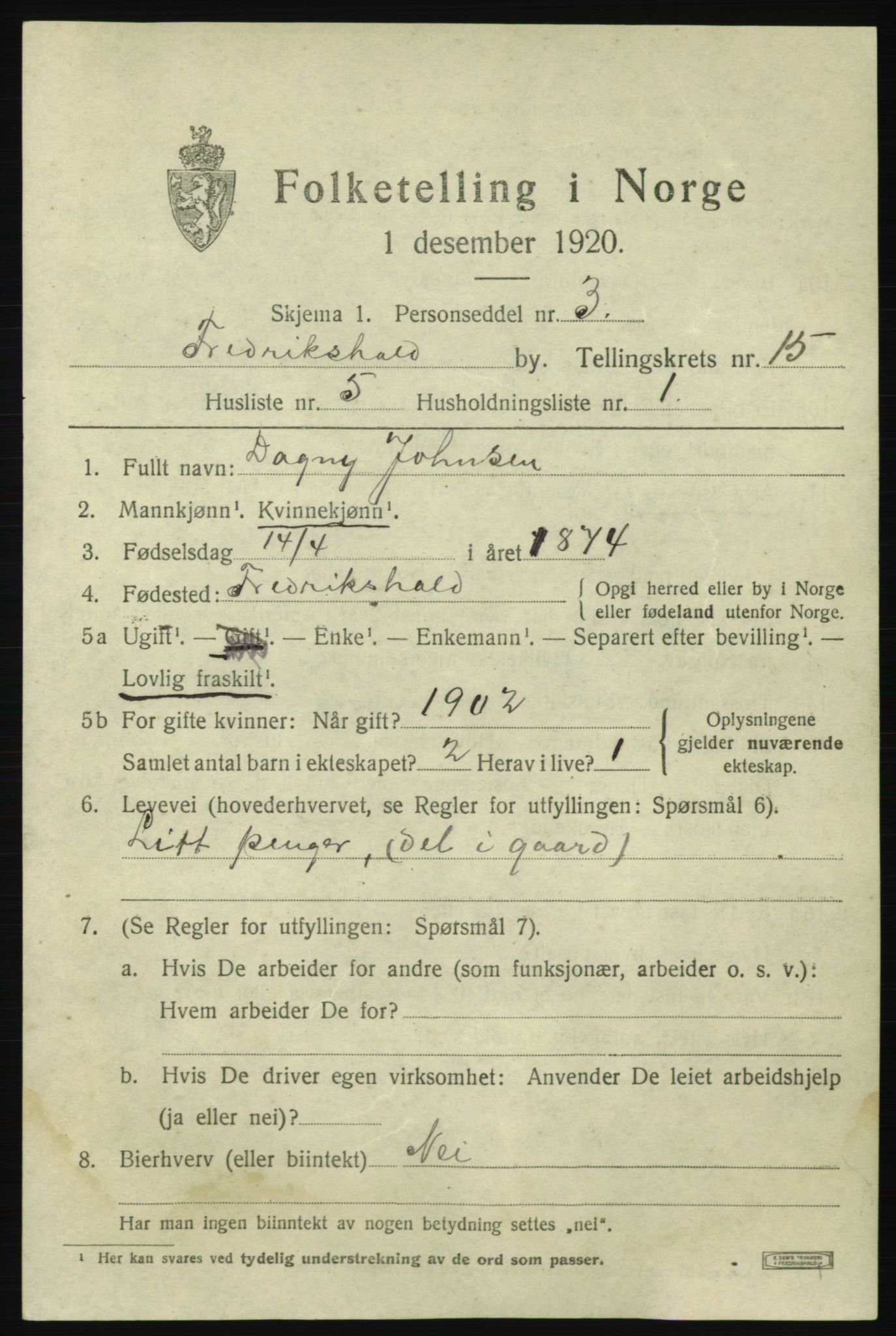 SAO, 1920 census for Fredrikshald, 1920, p. 23308