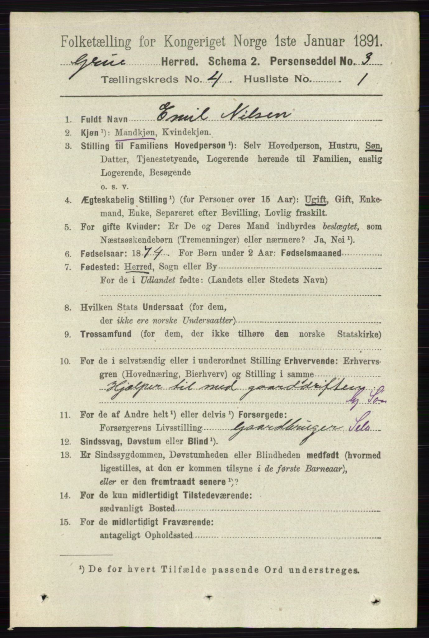 RA, 1891 census for 0423 Grue, 1891, p. 2107