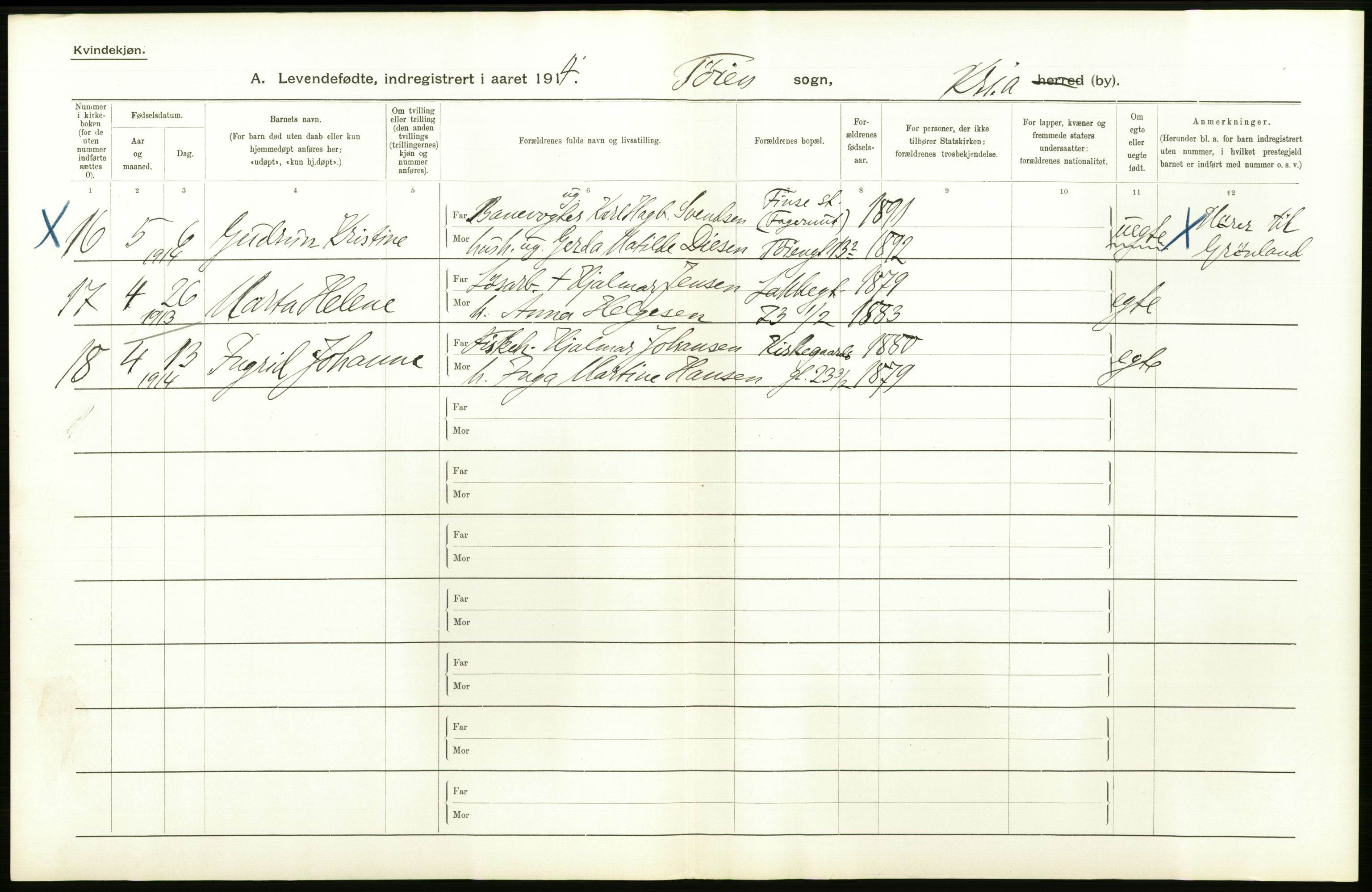 Statistisk sentralbyrå, Sosiodemografiske emner, Befolkning, AV/RA-S-2228/D/Df/Dfb/Dfbd/L0005: Kristiania: Levendefødte menn og kvinner., 1914, p. 410