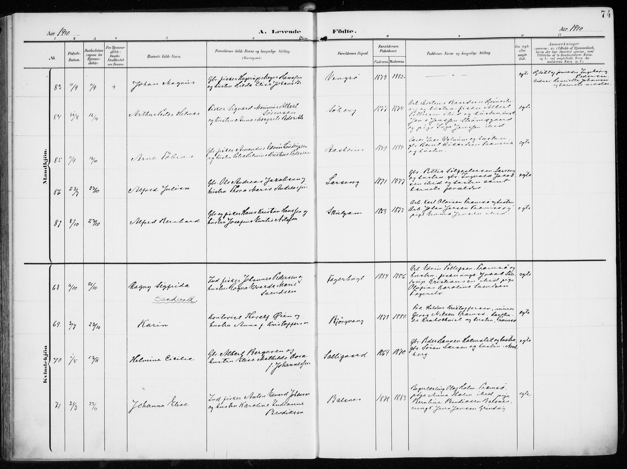 Tromsøysund sokneprestkontor, AV/SATØ-S-1304/G/Ga/L0007kirke: Parish register (official) no. 7, 1907-1914, p. 74