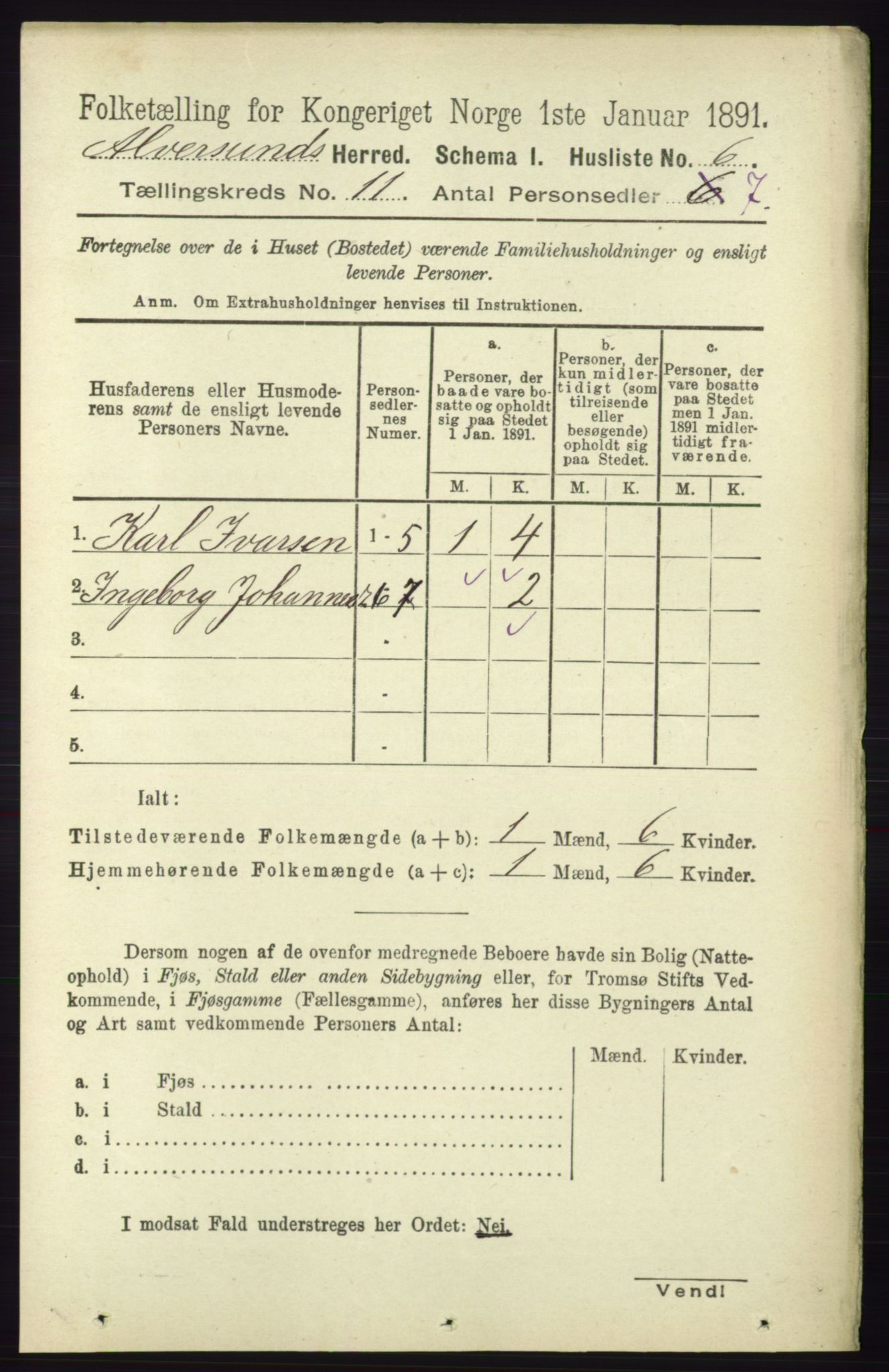 RA, 1891 census for 1257 Alversund, 1891, p. 3682