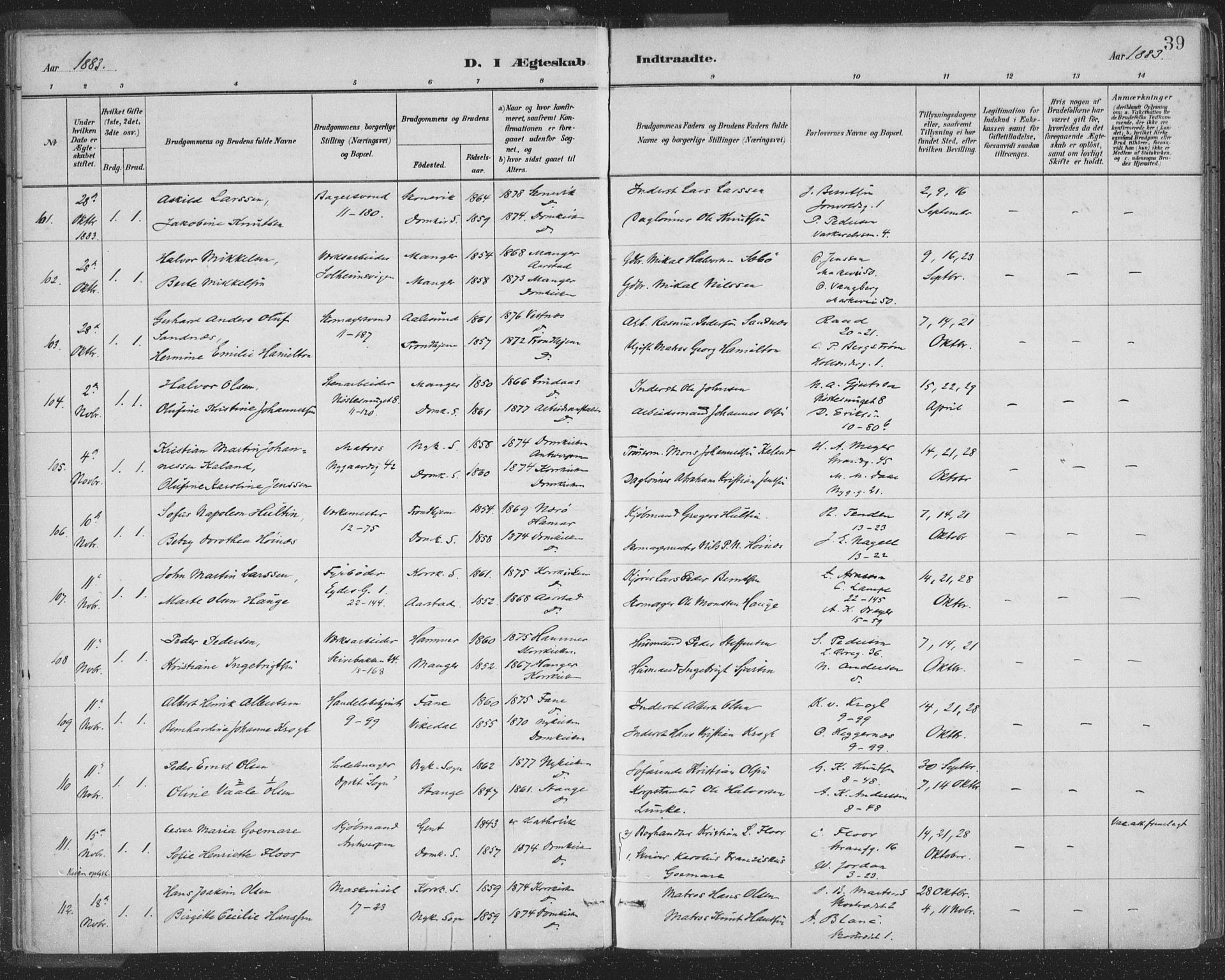 Domkirken sokneprestembete, AV/SAB-A-74801/H/Hab/L0032: Parish register (copy) no. D 4, 1880-1907, p. 39