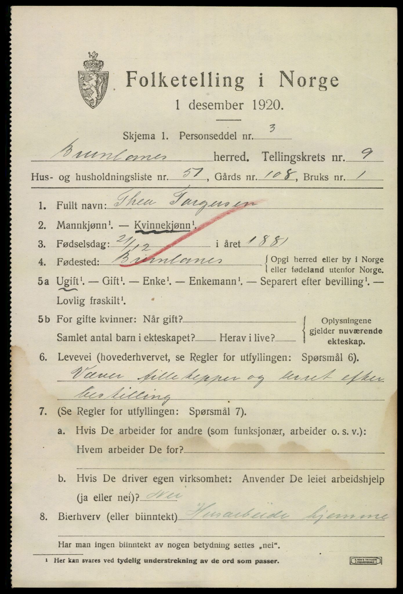 SAKO, 1920 census for Brunlanes, 1920, p. 8343