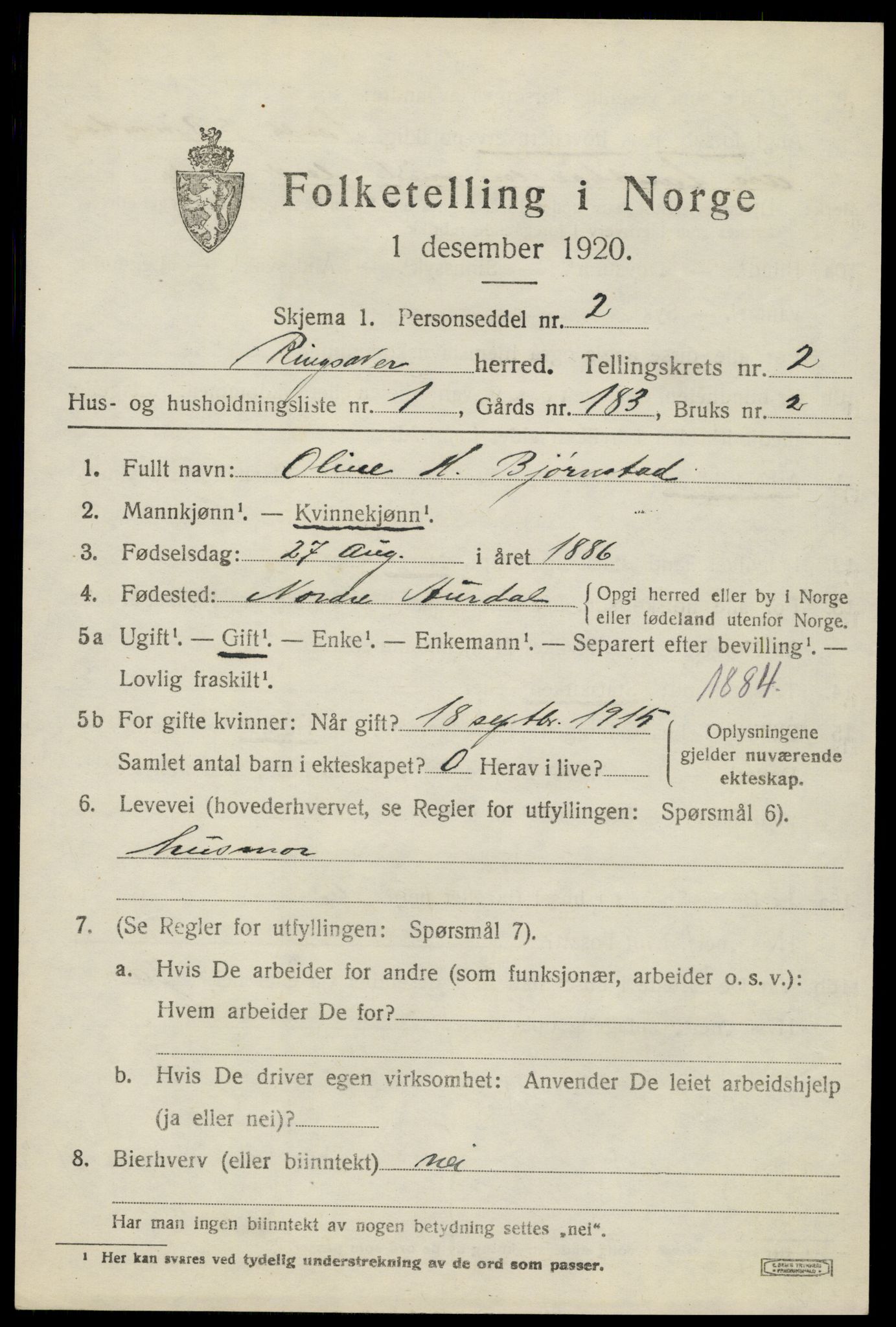 SAH, 1920 census for Ringsaker, 1920, p. 6362